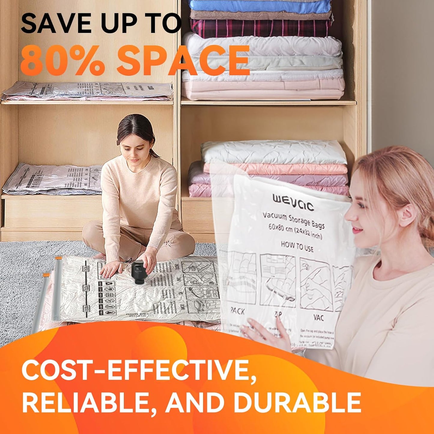 15 Pack Vacuum Storage Bags (3 Jumbo/3 Large/3 Medium/3 Small/3 Roll) | Space Saver | Rapid Vacuum | Double Zip Seal | Clip Stopper | Ideal for Clothes, Blankets Compression and Travelling