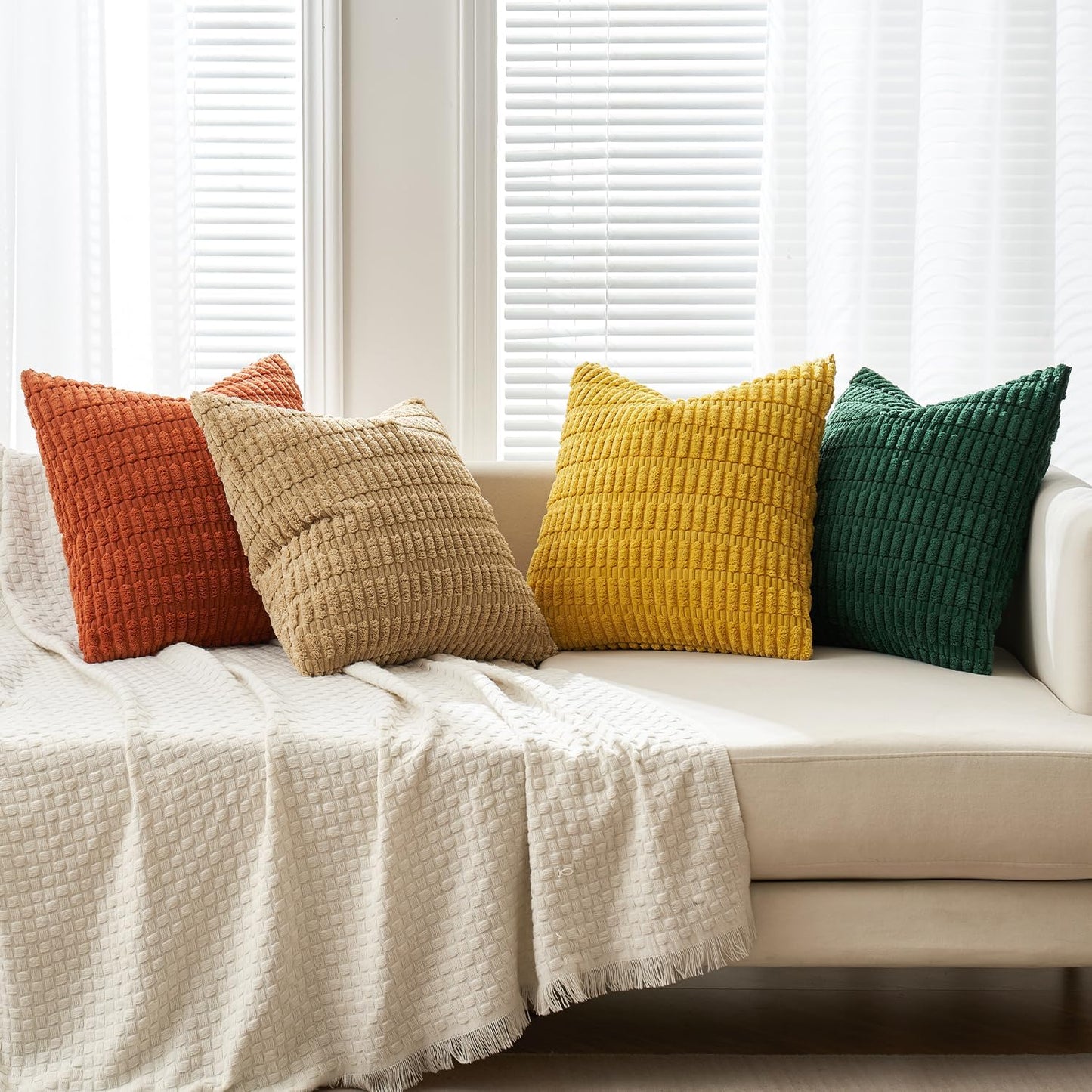 Pack of 4 Boho Farmhouse Yellow and Orange Corduroy Decorative Throw Pillow Covers 18X18 Inch Modern Retro Soft Striped Pillow Covers Home Decor for Sofa Living Room Couch Bed