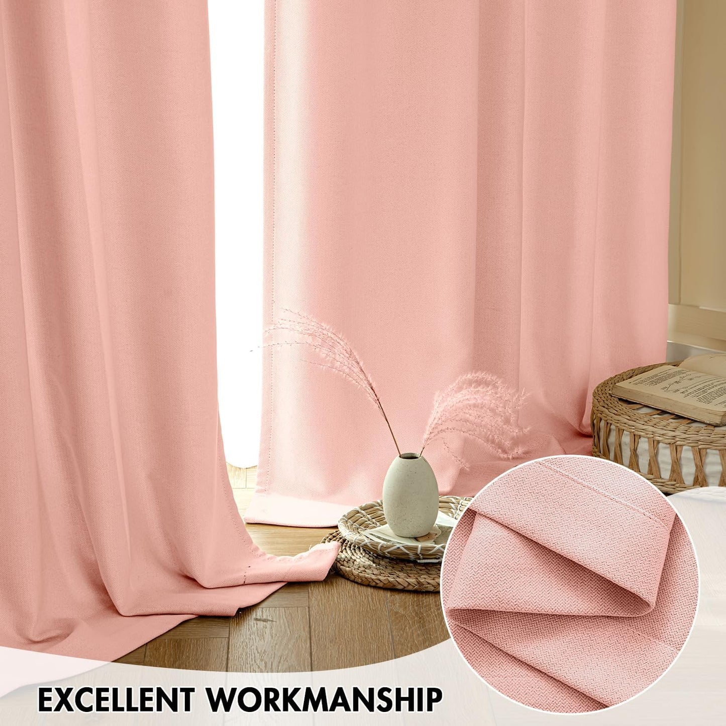 Pink Faux Linen Blackout Curtain 84 Inch Long 2 Panels Set Rod Pocket/Back Tab/Pinch Pleated Room Darkening Textured Black Out Track Drapes for Bedroom Living Room