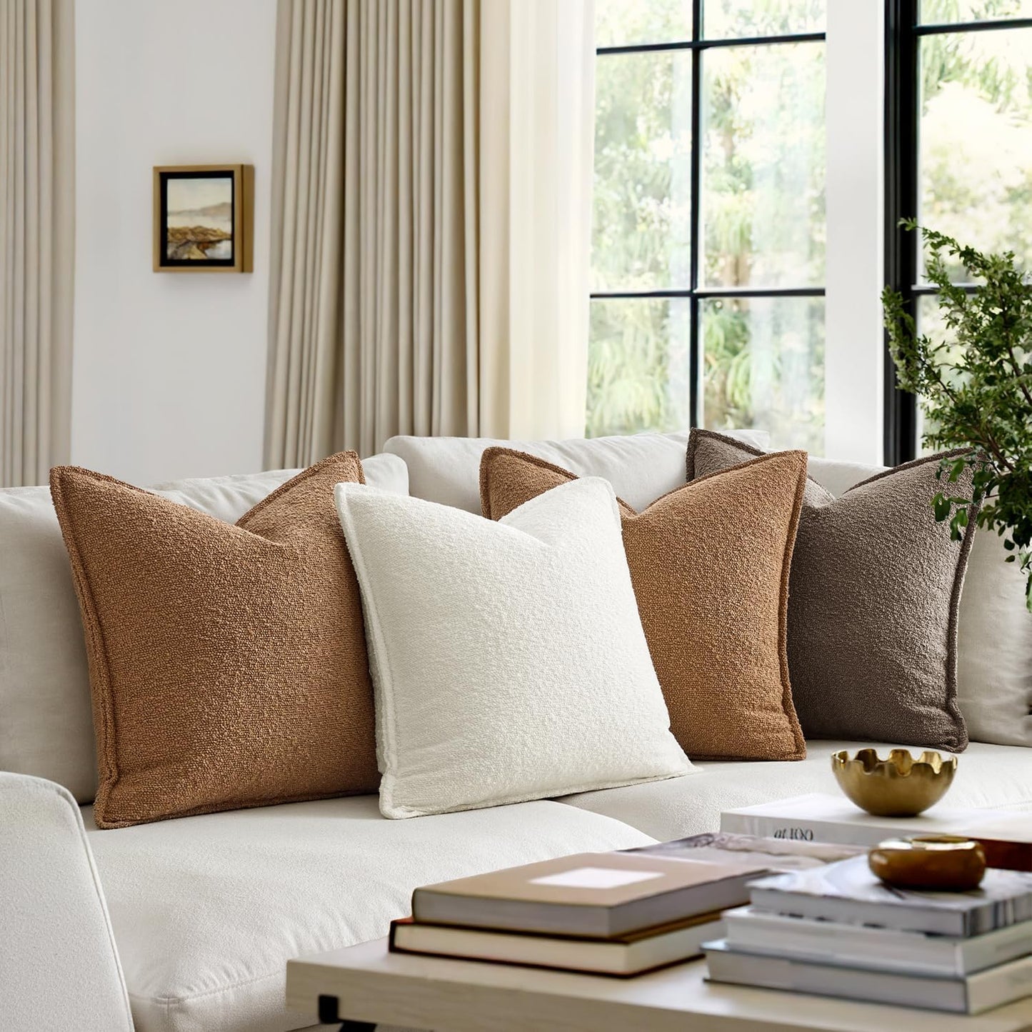Pack of 2 Decorative Textured Boucle Throw Pillow Covers 18X18 Inch Brown Broadside Thick Boho Pillows for Farmhouse Accents Sofa Couch Bedroom Living Room Home Decor