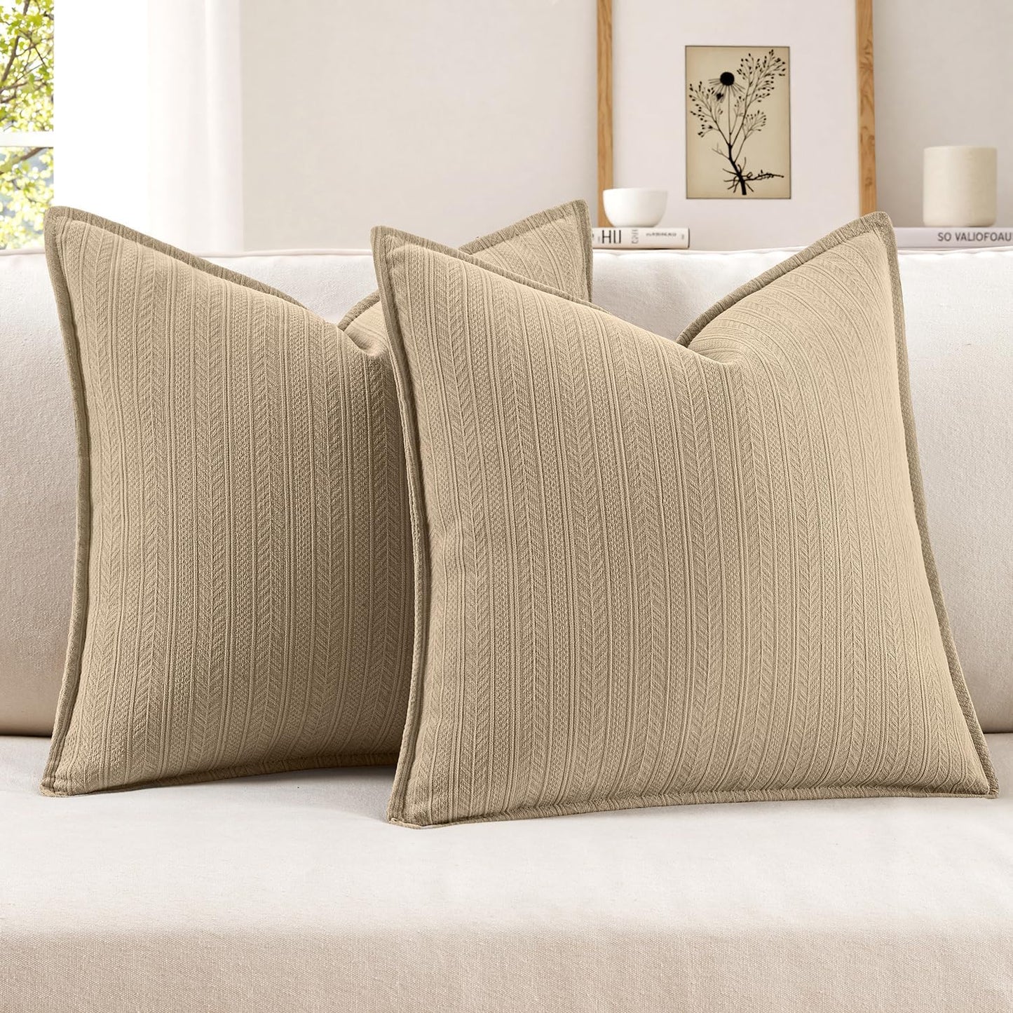 20X20 Inch Oatmeal Decorative Couch Pillow Covers Set of 2 Chenille Throw Pillow Covers Farmhouse Cushion Cases with Elegant Design for Home Decor Sofa Bedroom Living Room