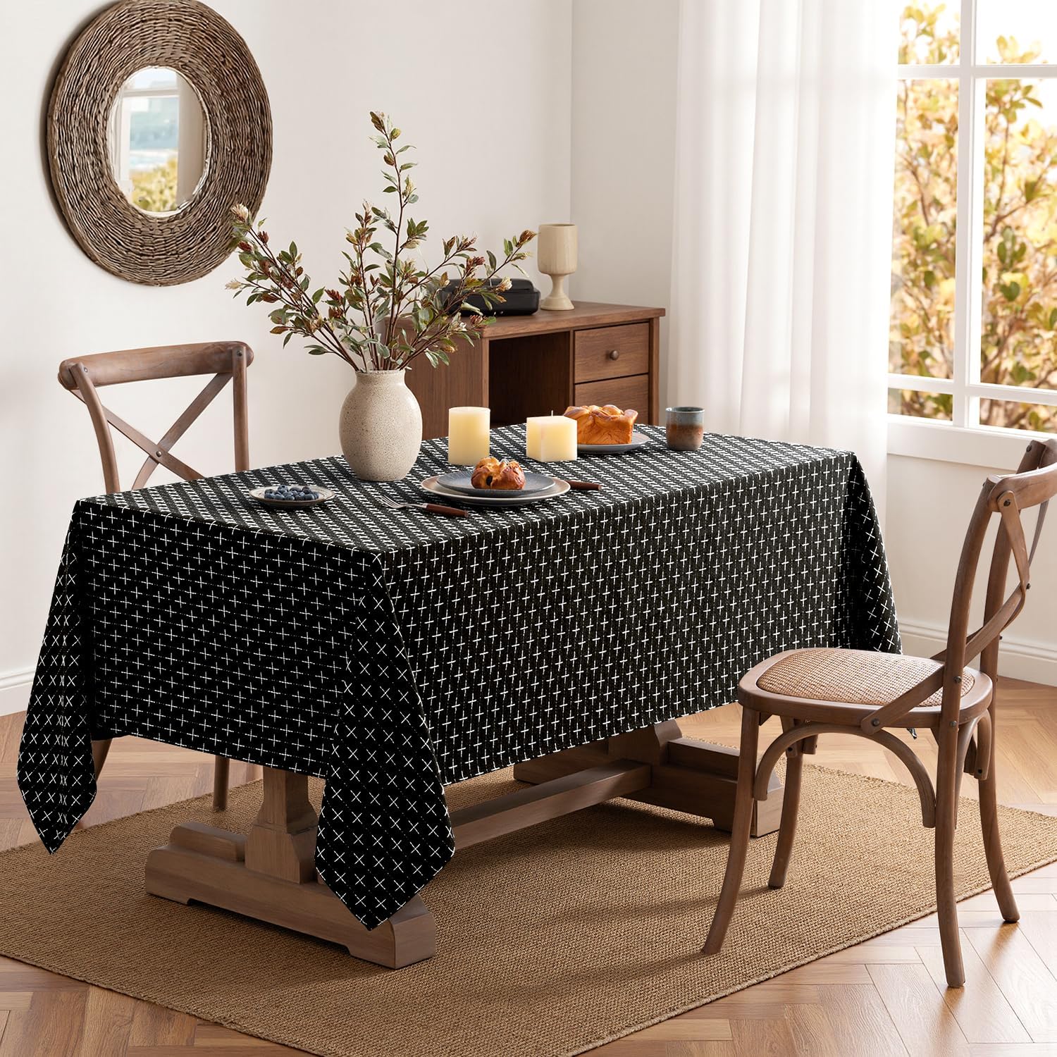 Black Linen Table Cloth Rectangle Tablecloth Waterproof Spillproof Cross-Star Textured Table Cloth, Decorative Rustic Farmhouse Style for Dining/Party/Buffet/Wedding,52X70 Inch