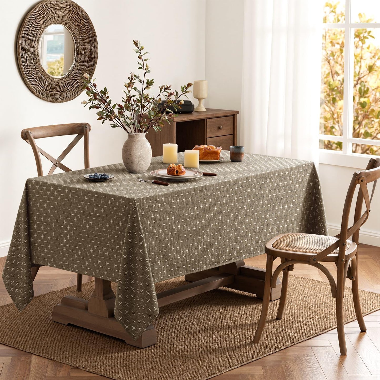Taupe Linen Table Cloth Rectangle Tablecloth Waterproof Spillproof Cross-Star Textured Table Cloth, Decorative Rustic Farmhouse Style for Dining/Party/Buffet/Wedding,52X70 Inch
