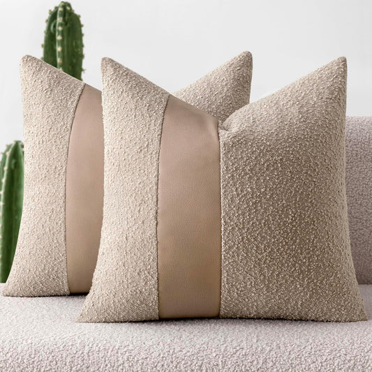 Boucle Throw Pillow Covers 18X18 Inch Set of 2 Oatmeal Faux Leather Textured Decorative Pillow Cases Boho Farmhouse Accents Cushion Covers for Couch Bed Livingroom Home Decor