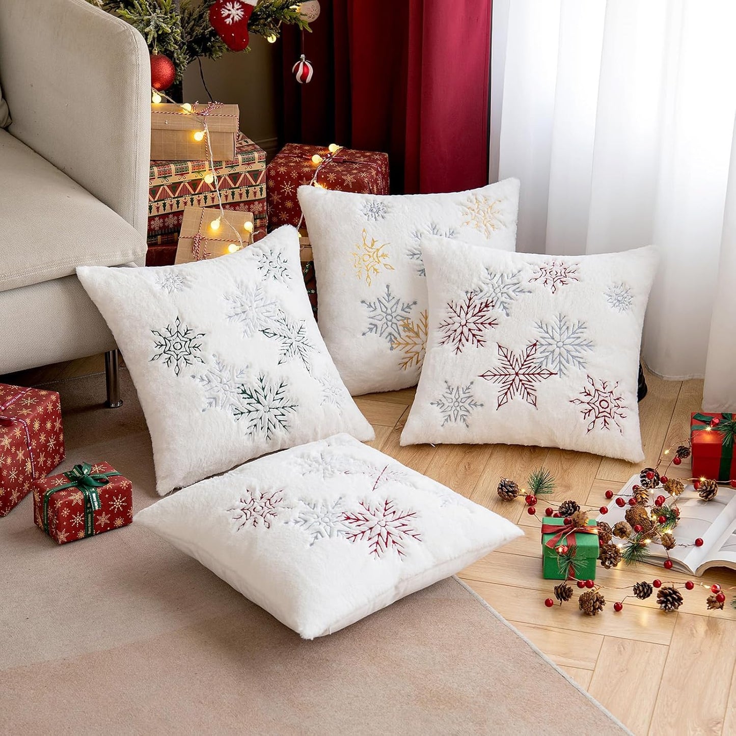 Pack of 2 Christmas Decorative Throw Pillow Covers Soft Faux Fur Pillow Cases with Embroidery Snowflake Winter Cute Pillowcases Holiday Decor for Couch Sofa Bedroom, 16×16 Inch, Green