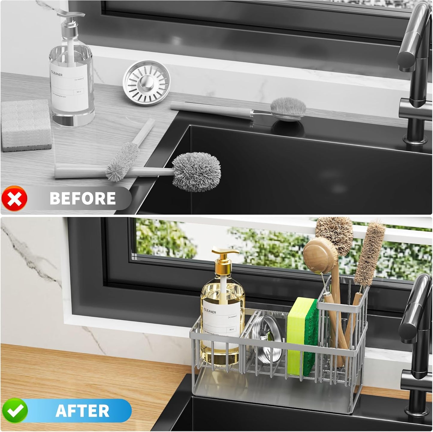 Sink Caddy Organzier with High Brush Holder, Sponge Holder for Sink, 304 Rustproof Stainless, Kitchen Countertop Soap Dispenser Organizer, Gray Kitchen Decor and Accessories