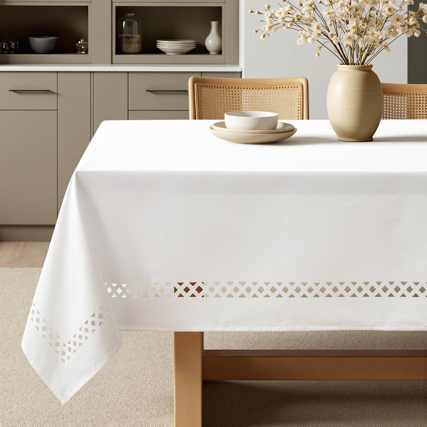 White Rectangle Linen Tablecloth with Decorative Cutouts Waterproof Stain Resistant & Shrink-Proof Table Cloth 52X70 Inch Farmhouse Style for Dining Wedding Party and Outdoor Picnics