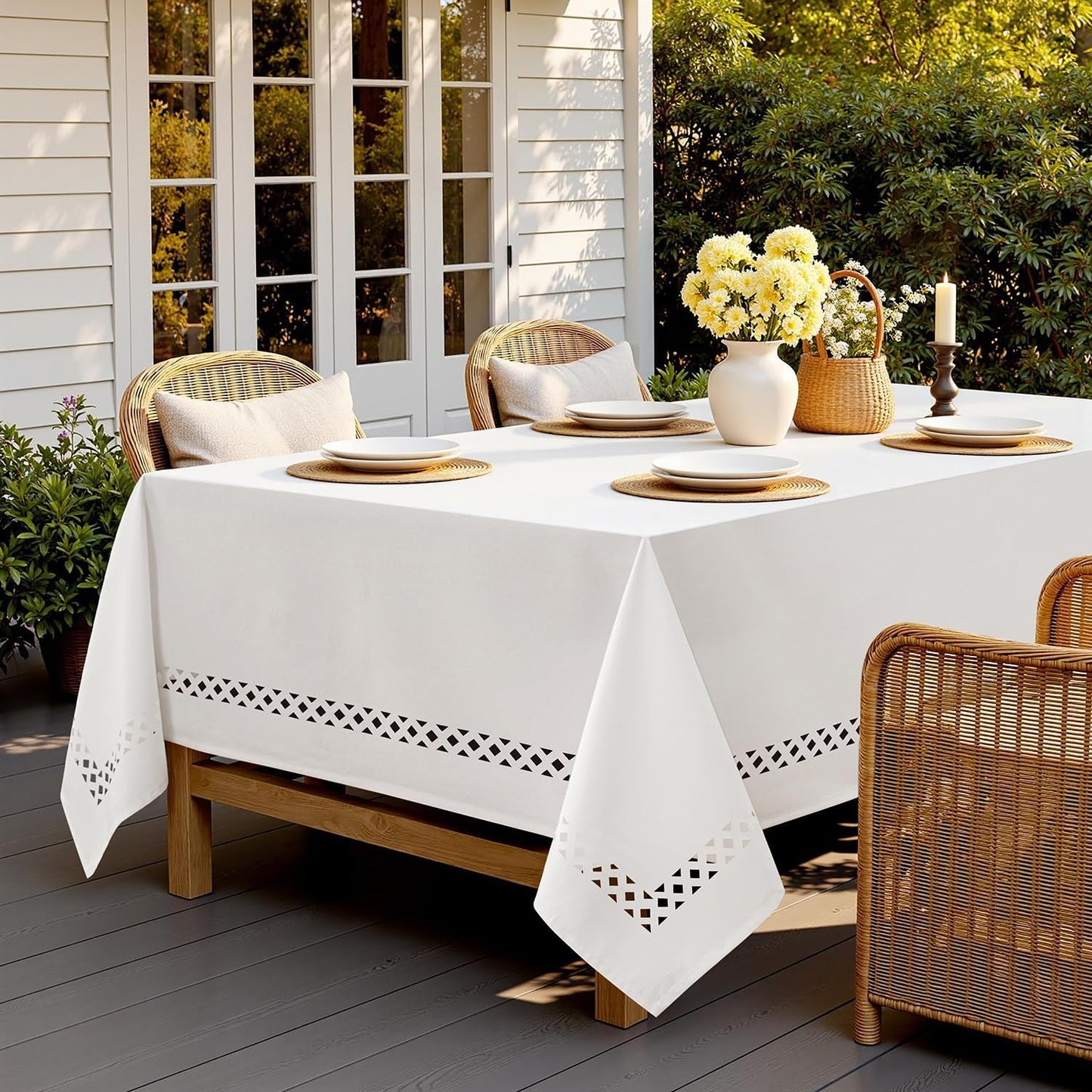 White Rectangle Linen Tablecloth with Decorative Cutouts Waterproof Stain Resistant & Shrink-Proof Table Cloth 52X70 Inch Farmhouse Style for Dining Wedding Party and Outdoor Picnics