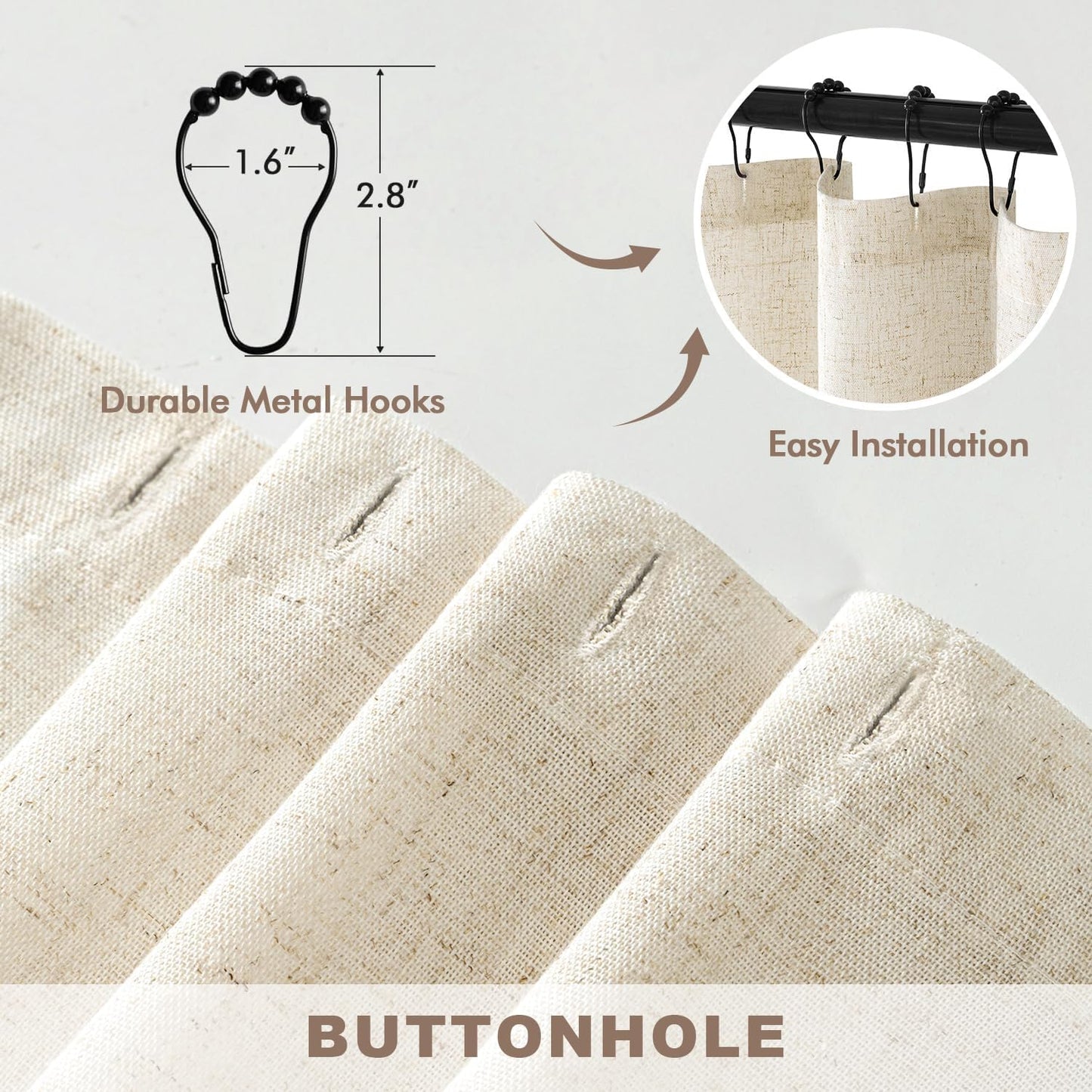 Linen Shower Curtain with 12 Metal Hooks Washable Country Boho Farmhouse Heavy Buttonhole Fabric Shower Curtain Set Thick Cloth Neutral Waterproof Curtains for Bathroom W72*L72, Natural