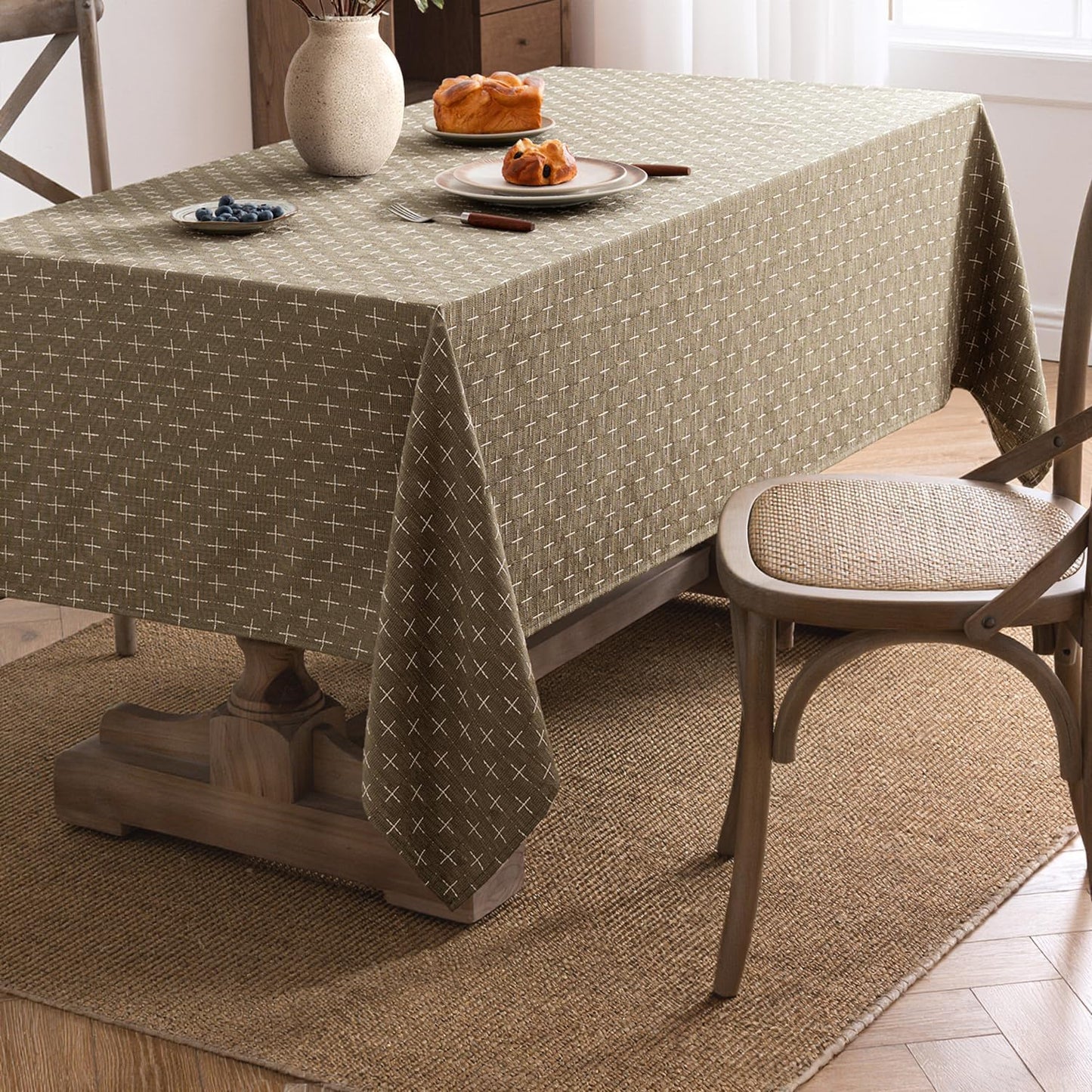 Taupe Linen Table Cloth Rectangle Tablecloth Waterproof Spillproof Cross-Star Textured Table Cloth, Decorative Rustic Farmhouse Style for Dining/Party/Buffet/Wedding,52X70 Inch
