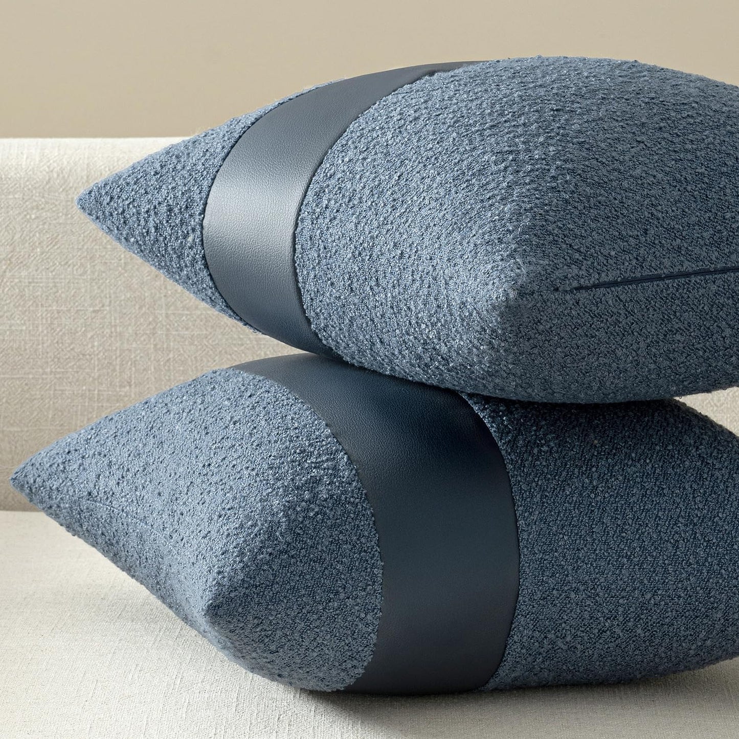 Boucle Throw Pillow Covers 18X18 Inch Set of 2 Denim Blue Faux Leather Textured Decorative Pillow Cases Boho Farmhouse Accents Cushion Covers for Couch Bed Livingroom Home Decor