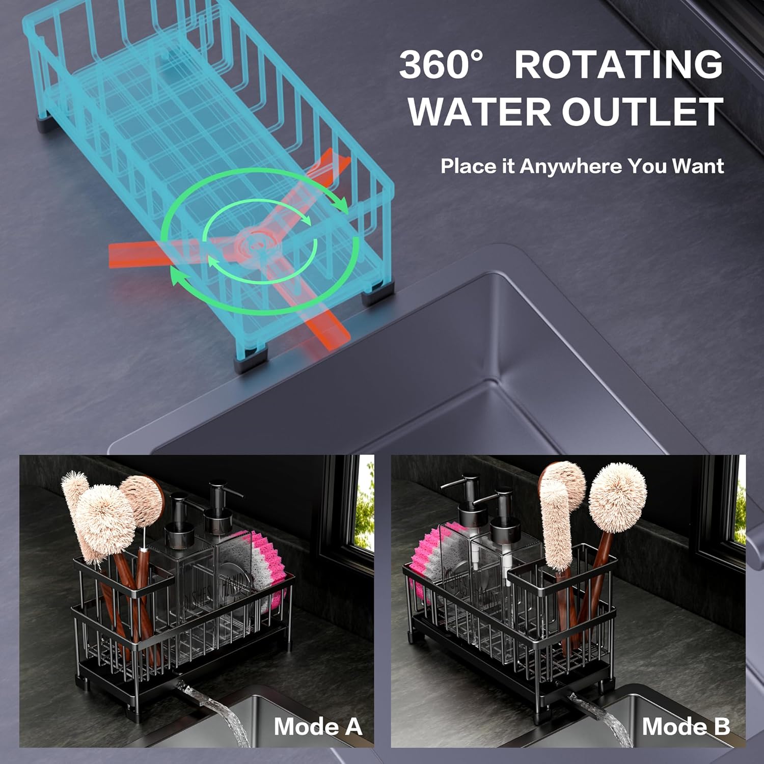 Dish Soap Dispenser, 12 Fl Oz Dual Kitchen Soap Dispensers with Sponge Holder, Plastic Pump Clear Glass Bottle Kitchen Soap Dispenser Set, Modern Hand and Dish Soap Bottle Set Removable