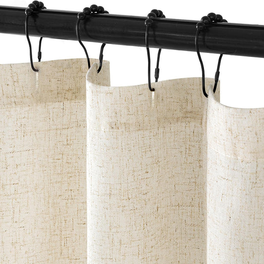 Linen Shower Curtain with 12 Metal Hooks Washable Country Boho Farmhouse Heavy Buttonhole Fabric Shower Curtain Set Thick Cloth Neutral Waterproof Curtains for Bathroom W72*L72, Natural