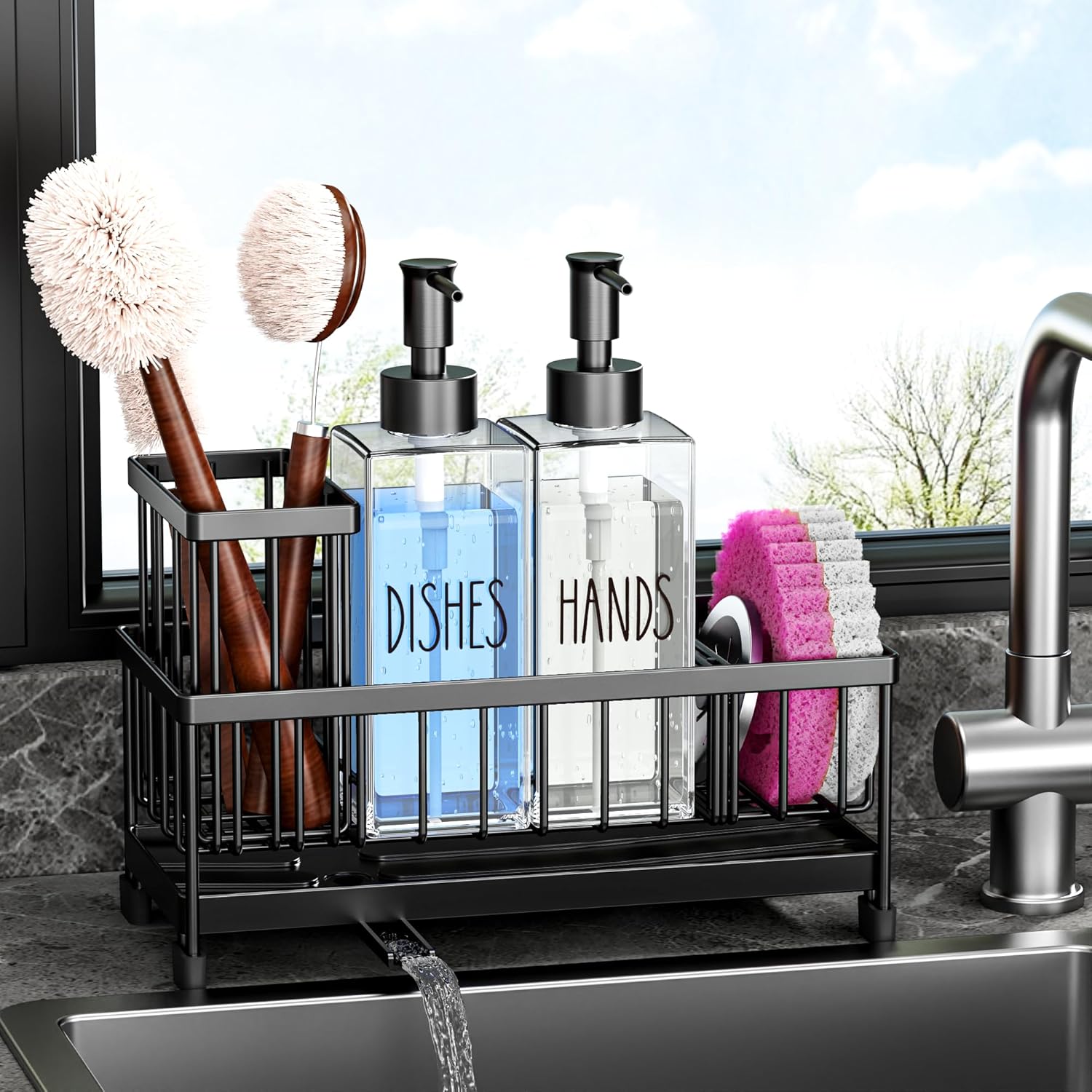 Dish Soap Dispenser, 12 Fl Oz Dual Kitchen Soap Dispensers with Sponge Holder, Plastic Pump Clear Glass Bottle Kitchen Soap Dispenser Set, Modern Hand and Dish Soap Bottle Set Removable