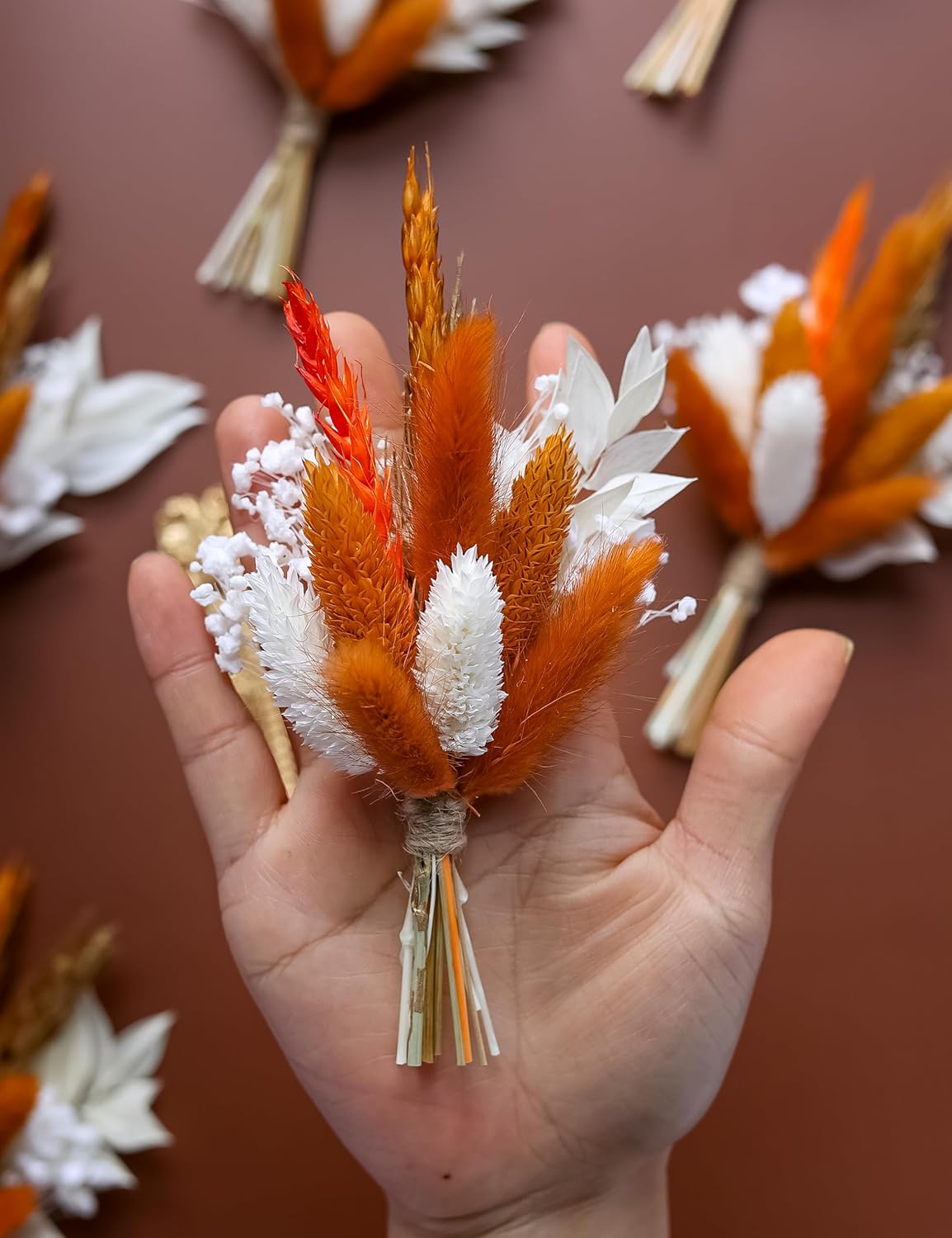 Mini Dried Flower Bouquet (Pack of 6), Fall Dried Flower Bouquet, Boutonnieres for Groom and Groomsmen. (Orange)