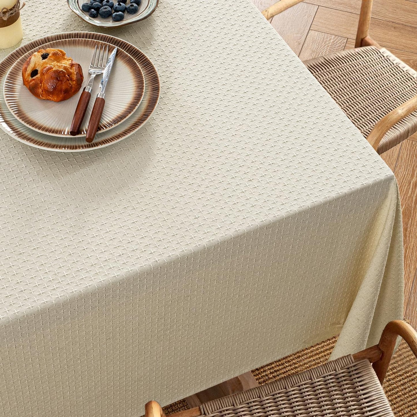 Natural Linen Cottton Table Cloth Rectangle Tablecloth Waterproof Spillproof Cross-Star Textured Table Cltoth Decorative Farmhouse Style for Dining Party Weddings 52X70 Inch