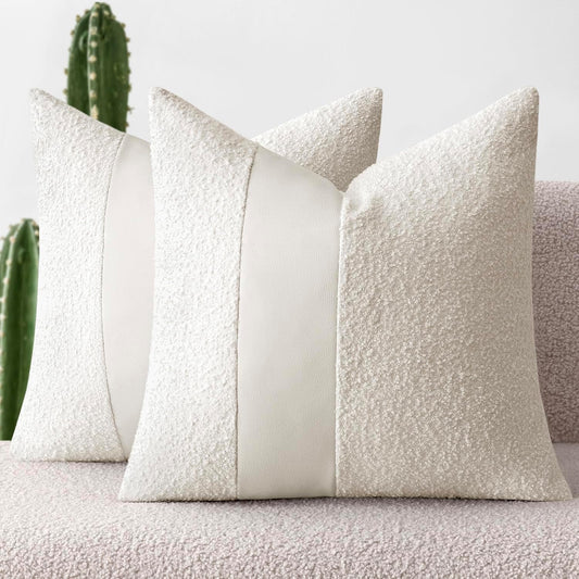 Boucle Throw Pillow Covers 18X18 Inch Set of 2 White Faux Leather Textured Decorative Pillow Cases Boho Farmhouse Accents Cushion Covers for Couch Bed Livingroom Home Decor