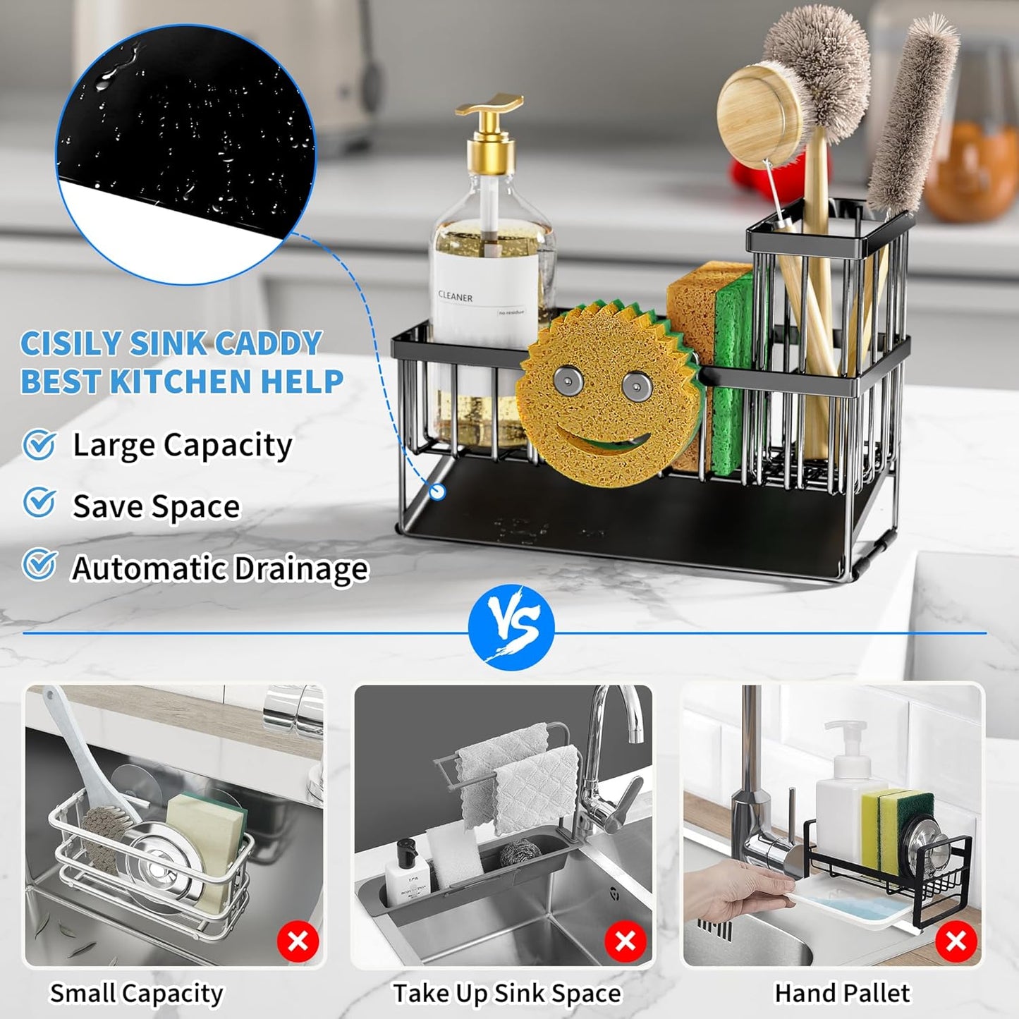 Sink Caddy with Smiley Face Sponge Holder, 304 Stainless Steel Rustproof(Black)