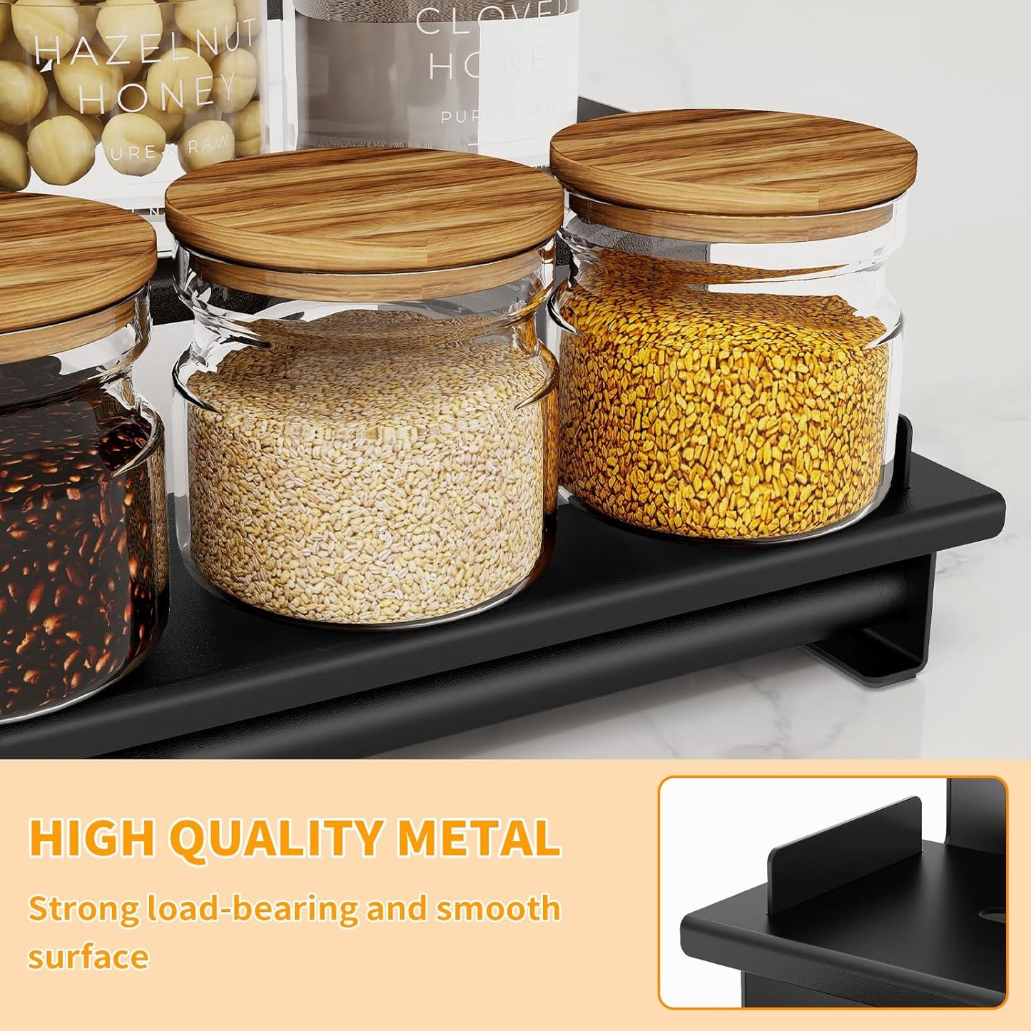 2 Pack Spice Rack Organizer for Cabinet, 3 Tier Seasoning Organizer, Metal Step Shelf Countertop Spice Racks for inside Cabinets, Kitchen, Black