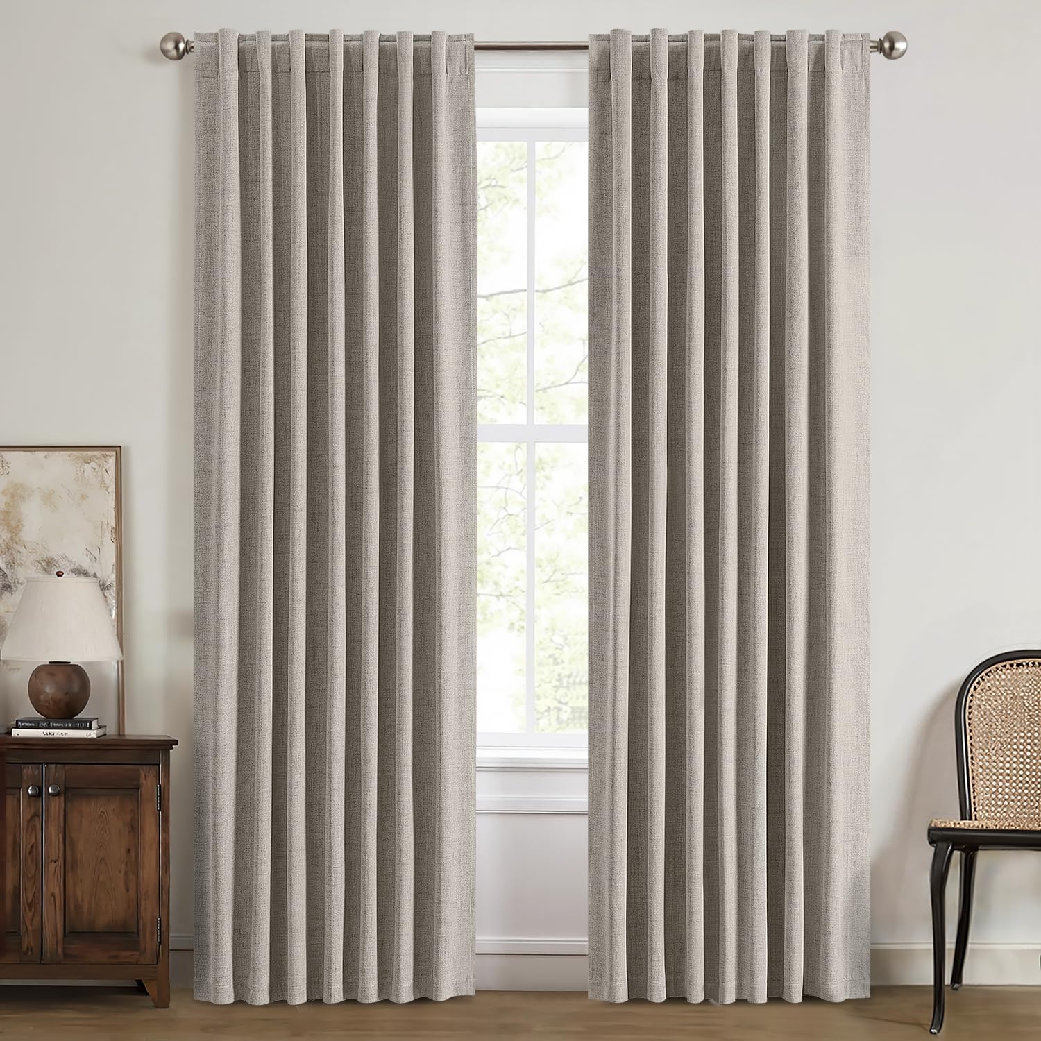 100% Blackout Curtains for Bedroom, Linen Solid Luxury Decor Thermal Insulation Room Darkening Drapes for Living Room Nursery Back Tab Rod Pocket 42 X 84 Inches, 2 Panels,Linen