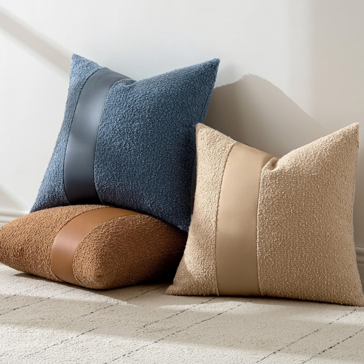 Boucle Throw Pillow Covers 18X18 Inch Set of 2 Denim Blue Faux Leather Textured Decorative Pillow Cases Boho Farmhouse Accents Cushion Covers for Couch Bed Livingroom Home Decor