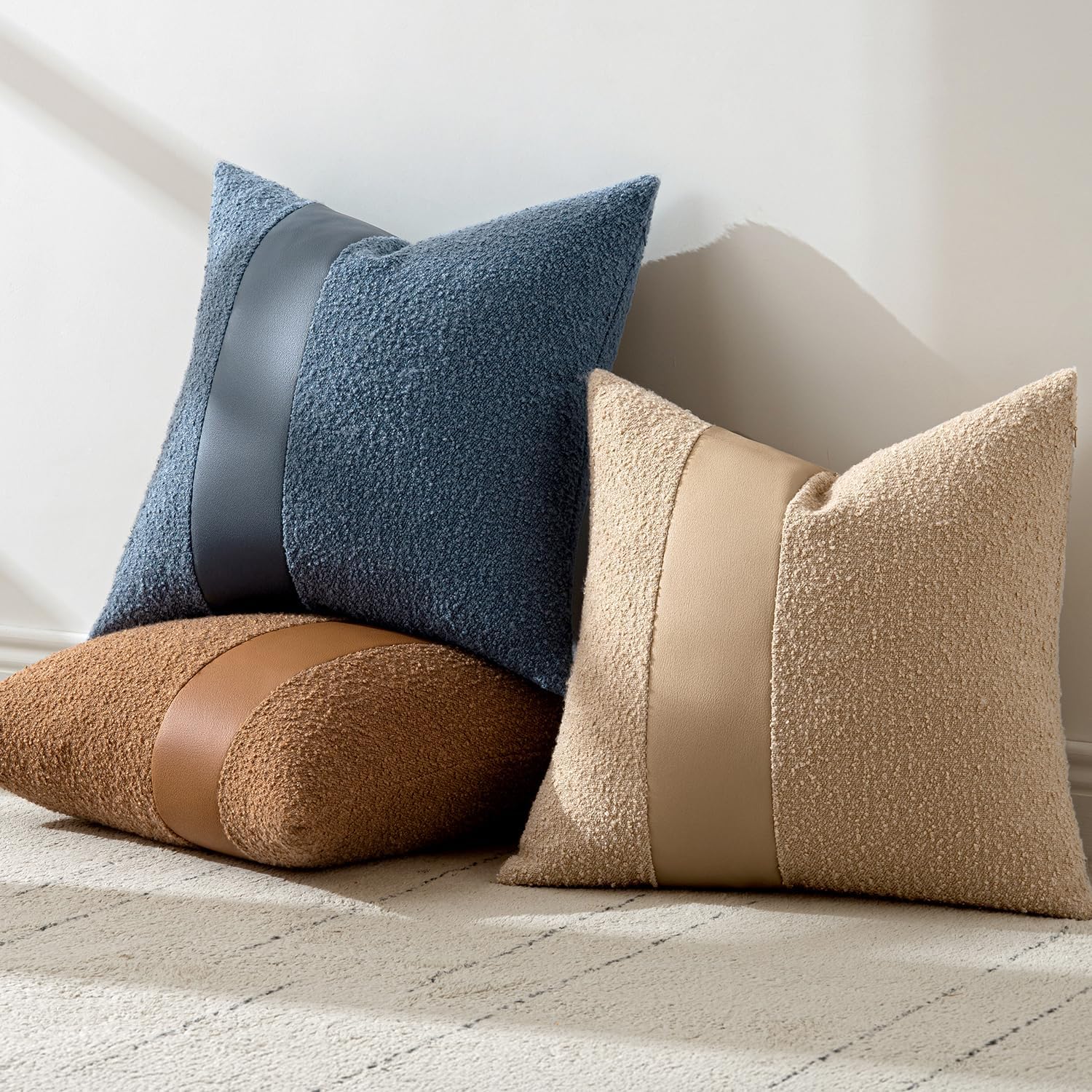 Boucle Throw Pillow Covers 18X18 Inch Set of 2 Denim Blue Faux Leather Textured Decorative Pillow Cases Boho Farmhouse Accents Cushion Covers for Couch Bed Livingroom Home Decor