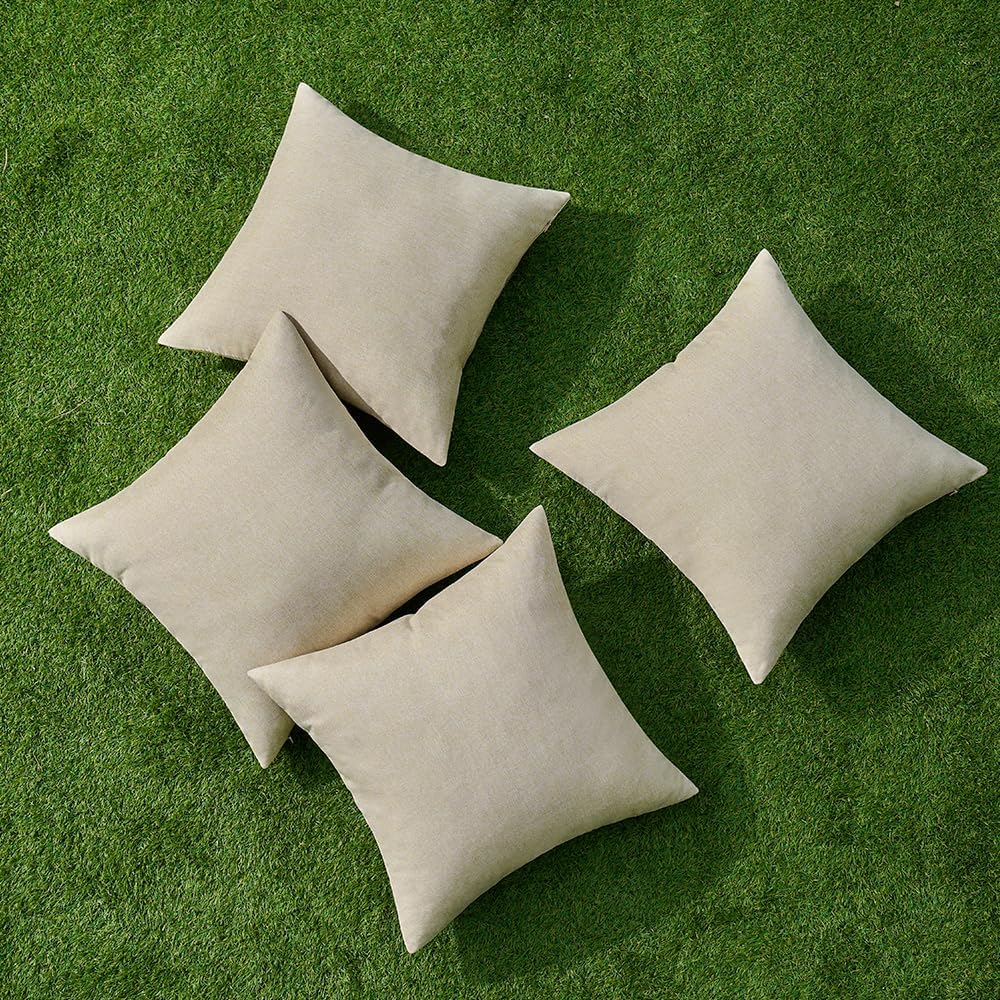Pack of 4 Decorative Outdoor Throw Pillow Covers Linen Waterproof Pillow Covers Farmhouse Cushion Cases for Patio Garden Tent Balcony Couch Sofa 18X18 Inch Beige