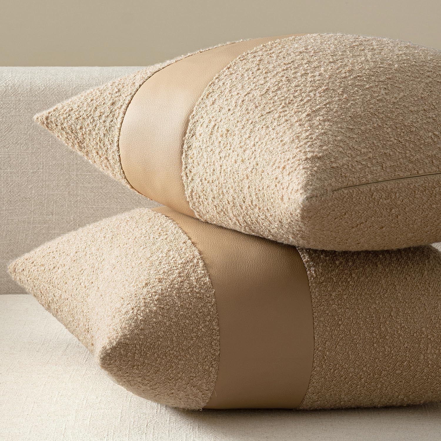Boucle Throw Pillow Covers 18X18 Inch Set of 2 Khaki Faux Leather Textured Decorative Pillow Cases Boho Farmhouse Accents Cushion Covers for Couch Bed Livingroom Home Decor