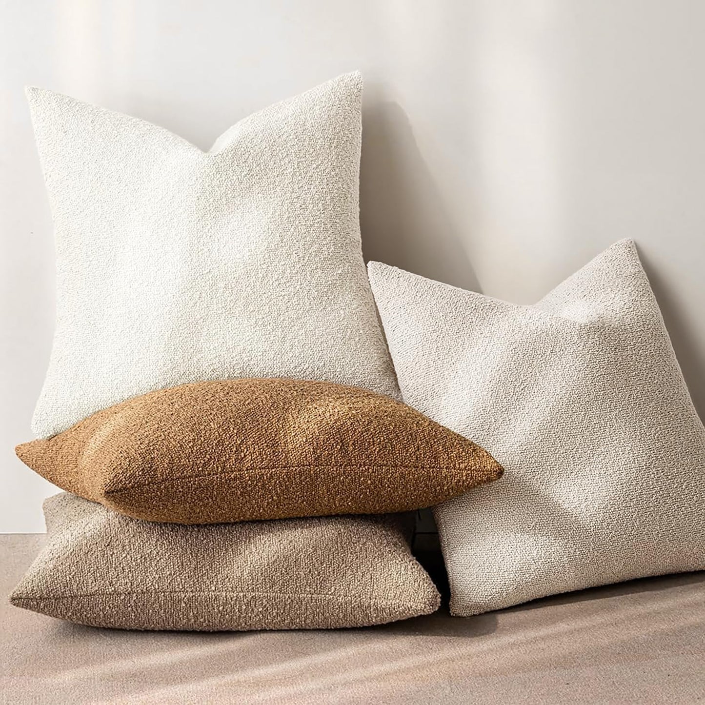 18X18 Inch Decorative Pillow Covers for Couch Bed Set of 2 Textured Boucle Neutral Throw Pillows Natural Beige Accent Solid Cushion Pillowcase Cozy Soft Sofa Livingroom Home Decor