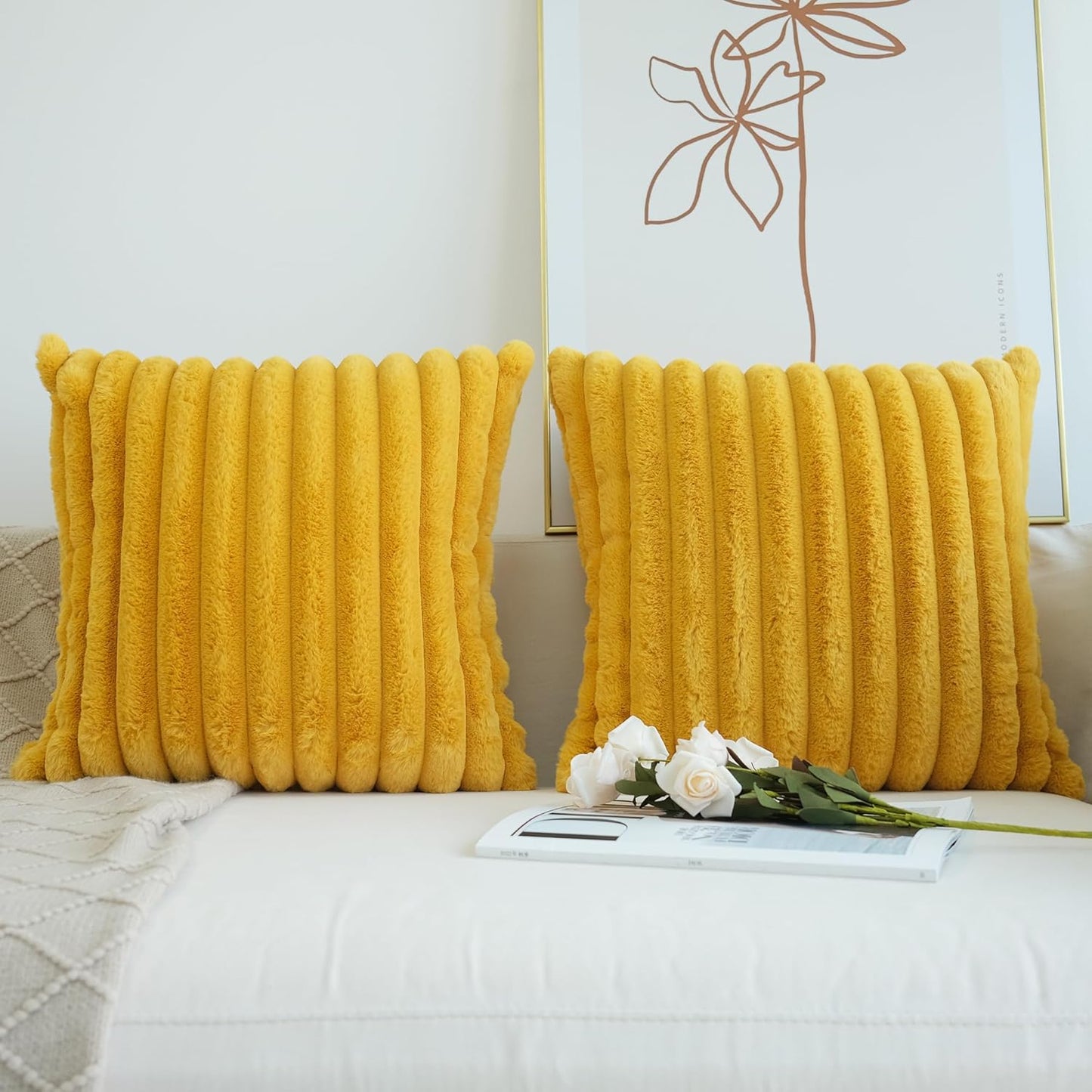 Pack of 2 Faux Fur Plush Decorative Throw Pillow Covers Couch Cushion Case Soft Pillowcases (Mustard Yellow, 20 X 20-Inch)
