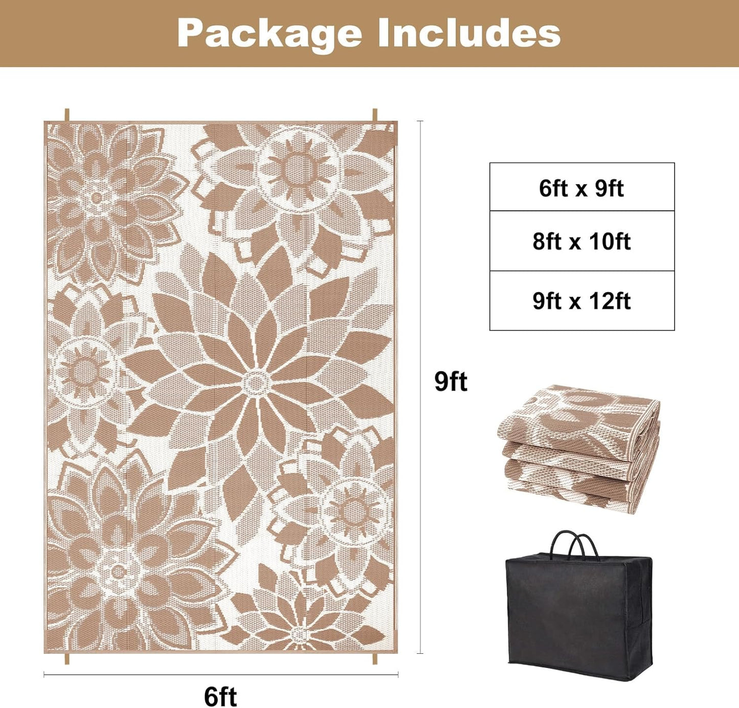 Reversible Waterproof Outdoor Rug for Patio, 6' x 9' Plastic Straw Area Mat, Ideal for RVs, Decks, Porches, Picnics, Beaches, and Balconies in Brown and White
