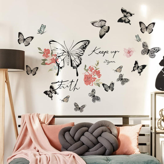 Butterfly Wall Decor Flower Vinyl Peel and Stick Big Wall Art Stickers Posters Decorations for Living Room Bedroom