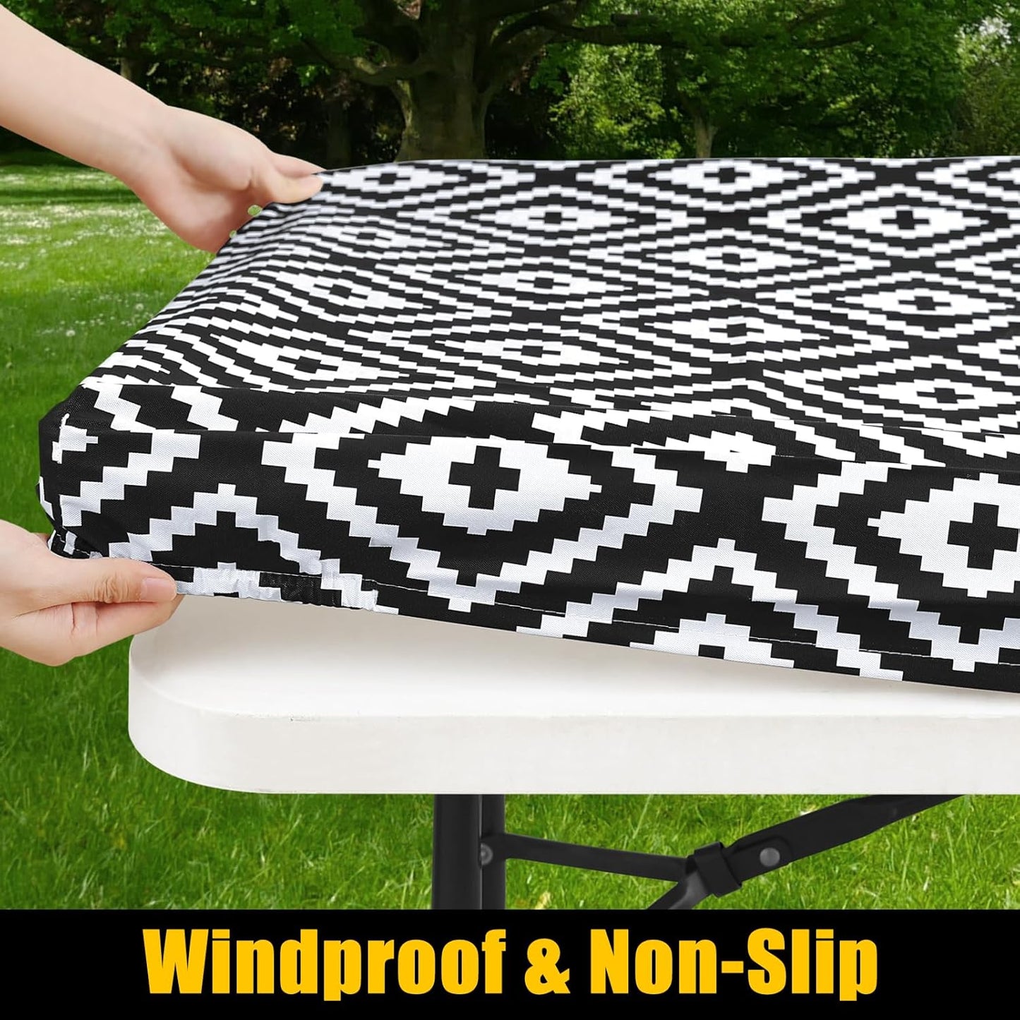Rectangle Picnic Table Cloth, Waterproof Elastic Fitted Outdoor Tablecloths for 6 Foot Tables, Wipeable Flannel Backed Vinyl Table Cover for Camping, Dining and Indoor (30"X72", Black)