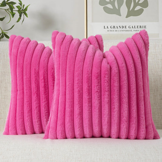 Faux Fur Decorative Throw Pillow Covers 18X18 Inch Set of 2, Retro Vintage Boho Home Decor Soft Plush Couch Pillows Cozy Fluffy Cushion Covers for Sofa Bed Hot Pink