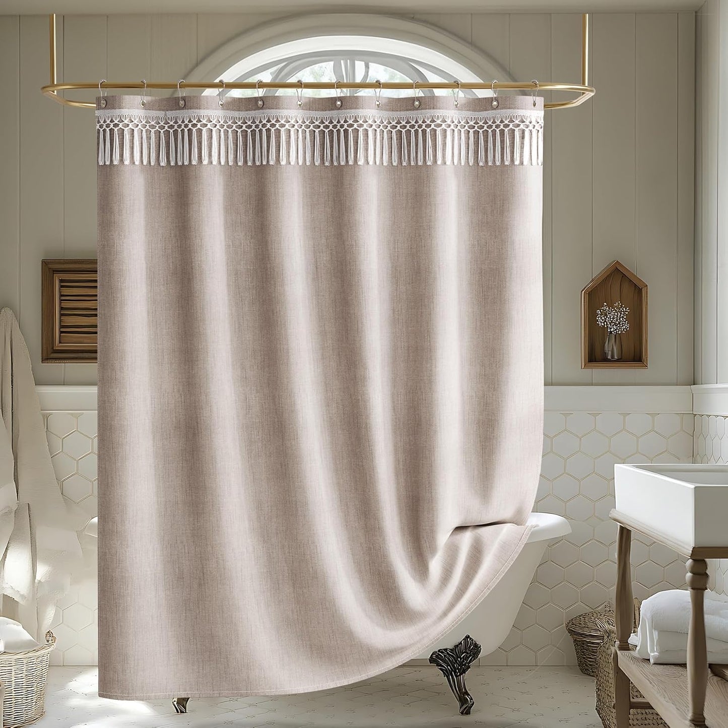 Boho Shower Curtain with Tassels Taupe, Tan Farmhouse Shower Curtain with Hooks, Faux Linen Fabric, Water-Repellent Neutral Fabric, 72X72 Inches
