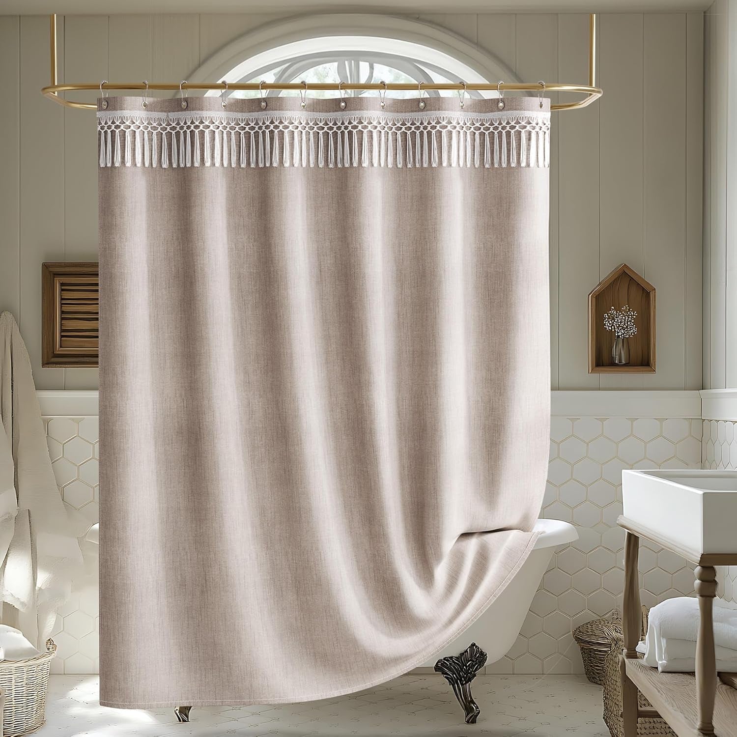 Boho Shower Curtain with Tassels Taupe, Tan Farmhouse Shower Curtain with Hooks, Faux Linen Fabric, Water-Repellent Neutral Fabric, 72X72 Inches