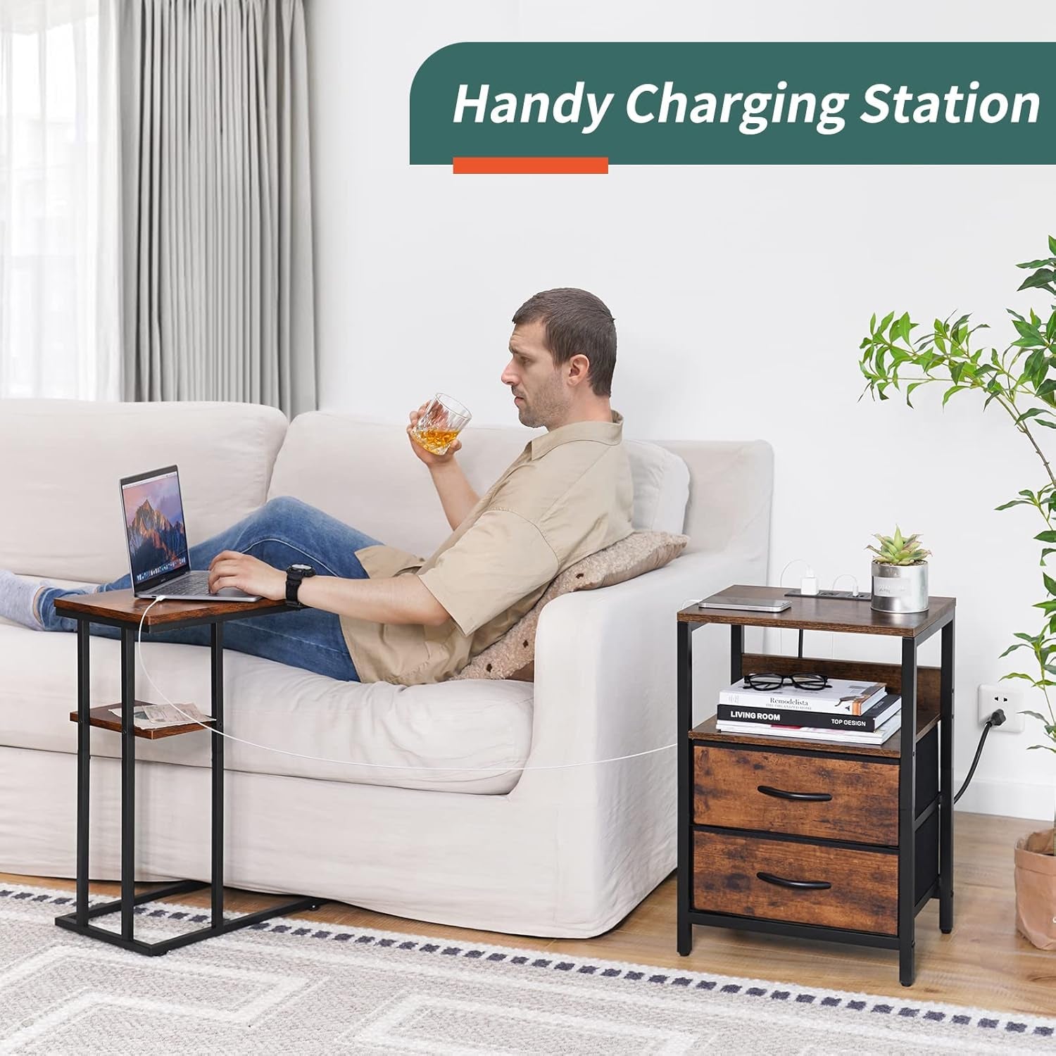 Nightstand with Charging Station, Small Night Stand with Fabric Drawers and Storage Shelf for Bedrooms, Small Spaces, Bedside Table with USB Ports & Outlets