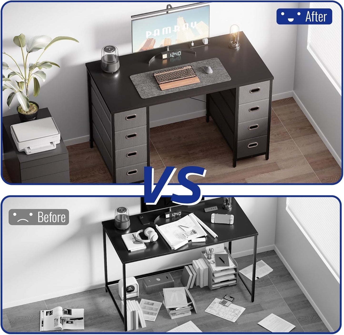 47 Inch Computer Desk with 8 Fabric Drawers and Power Outlet PC Gaming Desk Home Office Study Work Writing Table for Bedroom Pink