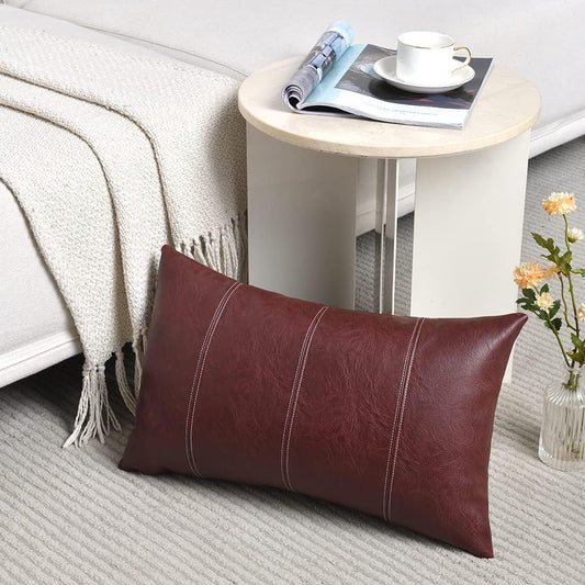 Burgundy Lumbar Waterproof Faux Leather Decorative Throw Pillow Covers 12X20 Inch for Living Room Couch Bed, Modern Farmhouse Boho Home Decor, Wine Red Hand Stitched Cushion Case 30X50 Cm