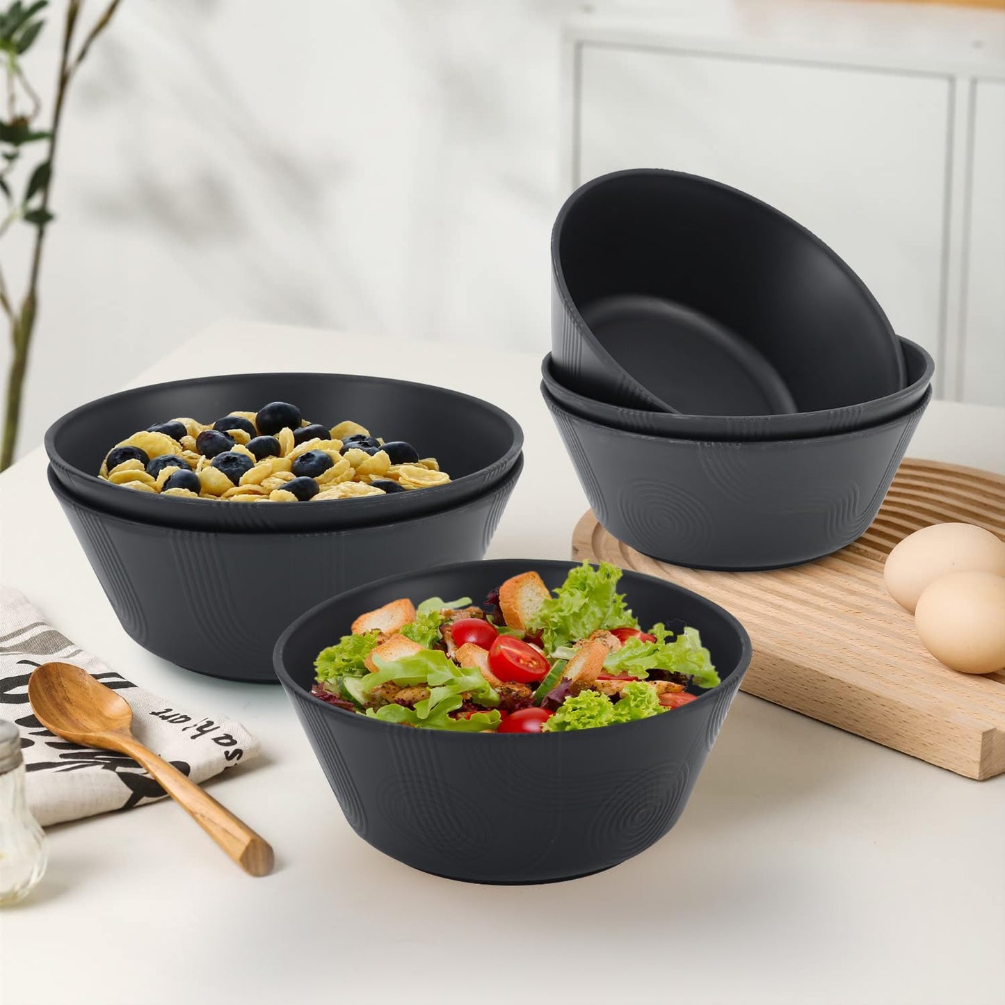 Large Wheat Straw Cereal and Soup Bowl Set - 36 Oz, Textured Design, 6 Piece Microwave and Dishwasher Safe Bowls for Kitchen, Ideal for Serving Soup, Ramen, Pho, and Salad - Black
