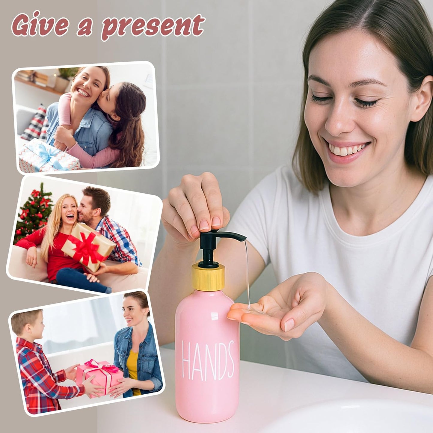 16 OZ Pink Soap Dispenser Women,2 Pack Glass Refillable Dish and Hand Bottles Set Pump Bottle,House Decor Kitchen Accessories with Wooden Pallet Girly