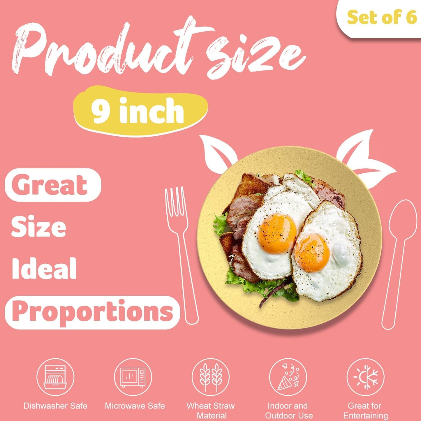 Wheat Straw Plates Set - 6 Reusable 9-Inch Unbreakable Microwave-Safe Plates for Desserts, Camping, RV, Outdoors, and Kitchen Essentials (Macaron Series)