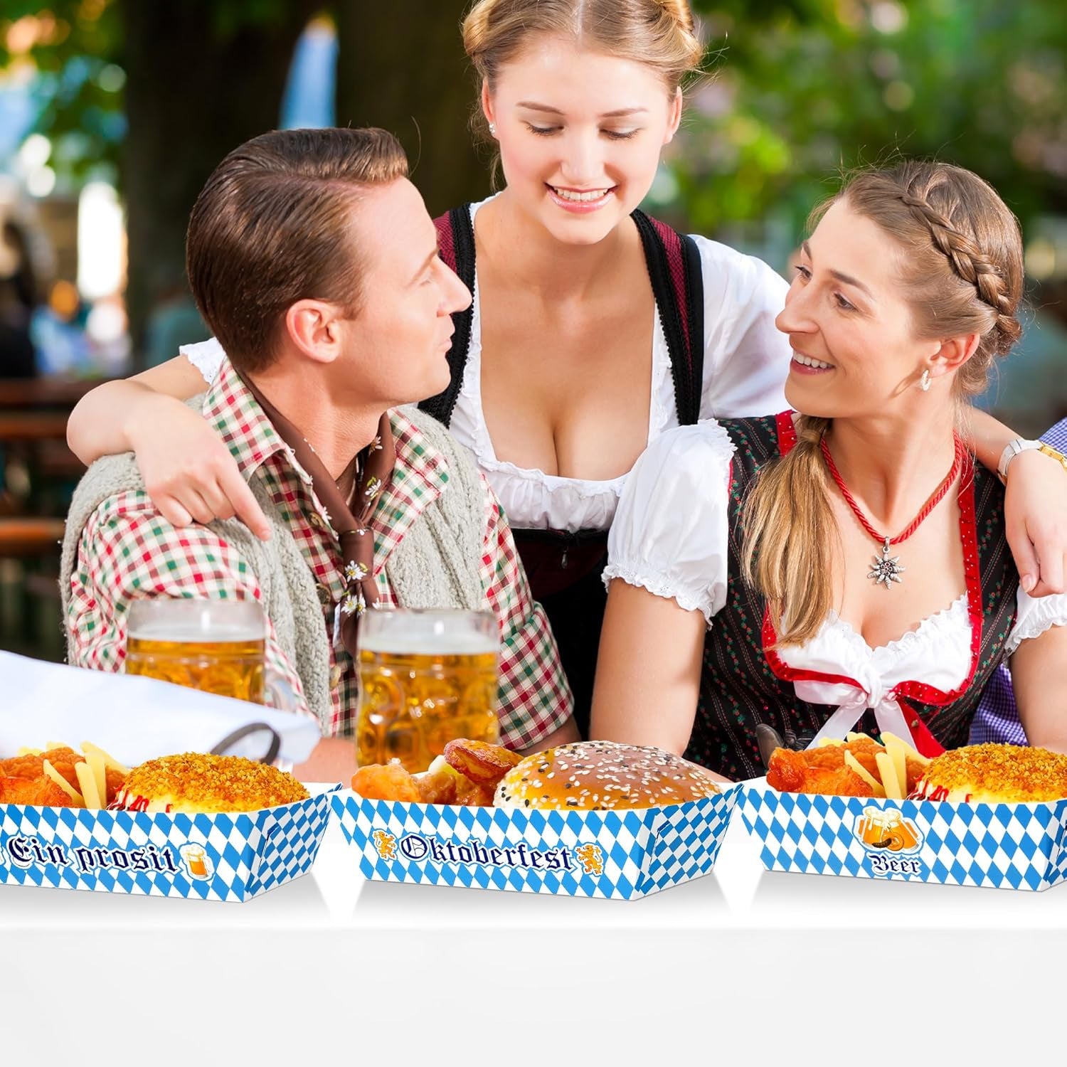 50 PCS Oktoberfest Paper Food Tray, Blue White Oktoberfest Party Supplies with 3 Designs, Disposable Oktoberfest Decorations, Fold-To-Assemble Boat Beer Festival Food Tray for Bavarian Celebration