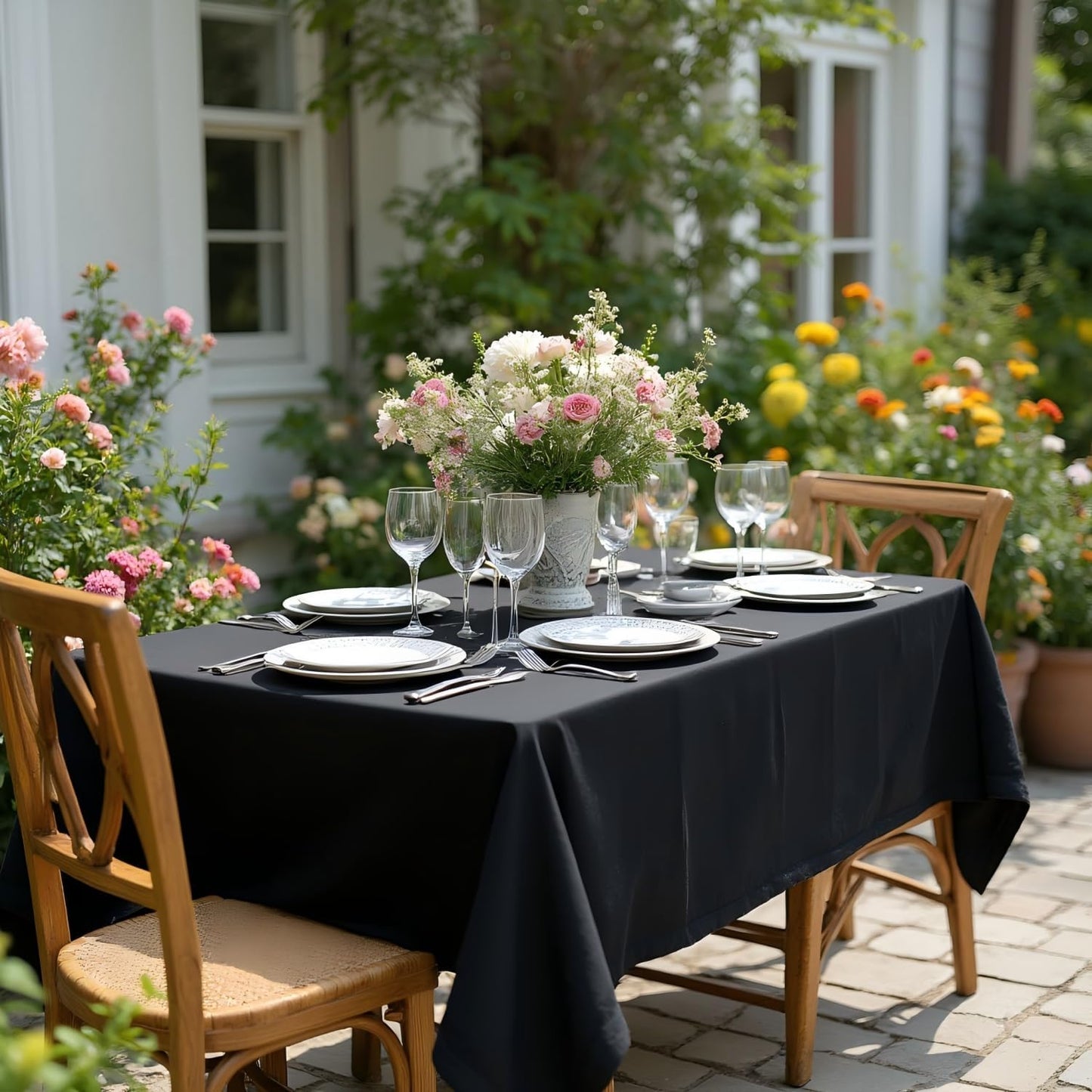 Rectangle Tablecloth - 60 X 84 Inch - Stain and Wrinkle Resistant Washable Polyester Table Cloth, Decorative Fabric Table Cover for Dining Tables, Buffet Parties and Camping, Black