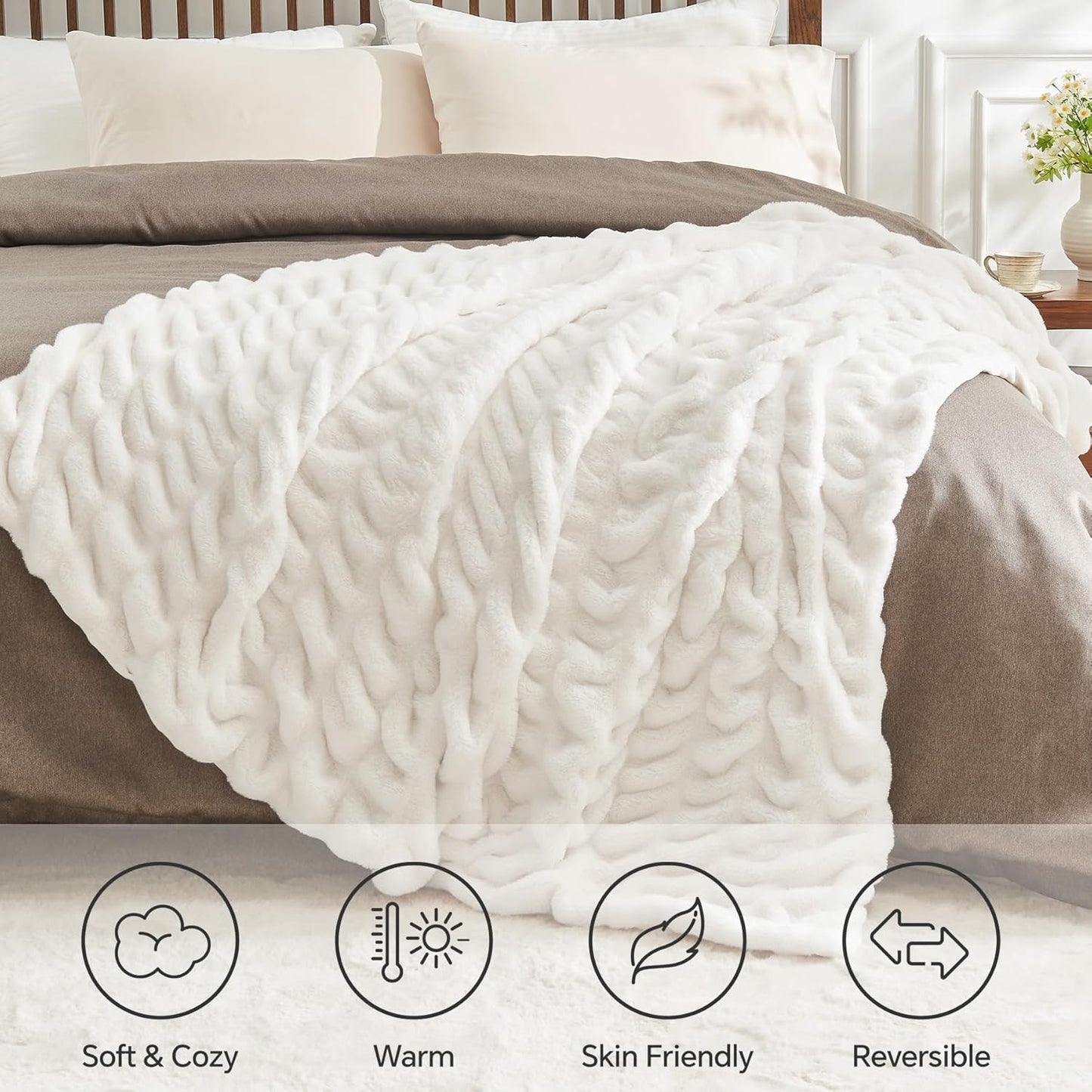 Faux Fur Throw Blanket for Couch, Soft and Cozy Boho Ruched Fluffy Blanket, Warm Plush Fuzzy Faux Rabbit Fur Blanket for Women Gift (Cream, 50"X 60")