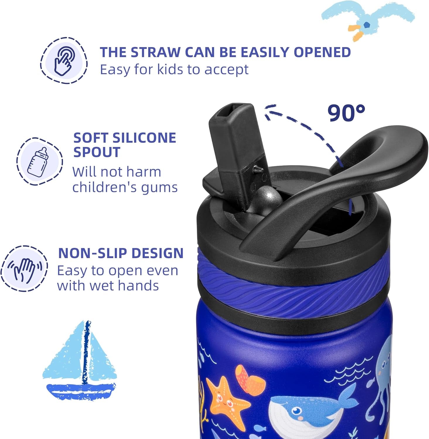 14 Oz Kids Insulated Water Bottle with Straw - Stainless Steel Double Wall Vacuum Cup, Leakproof, BPA Free, Suitable for Boys and Girls(Blue - Ocean)