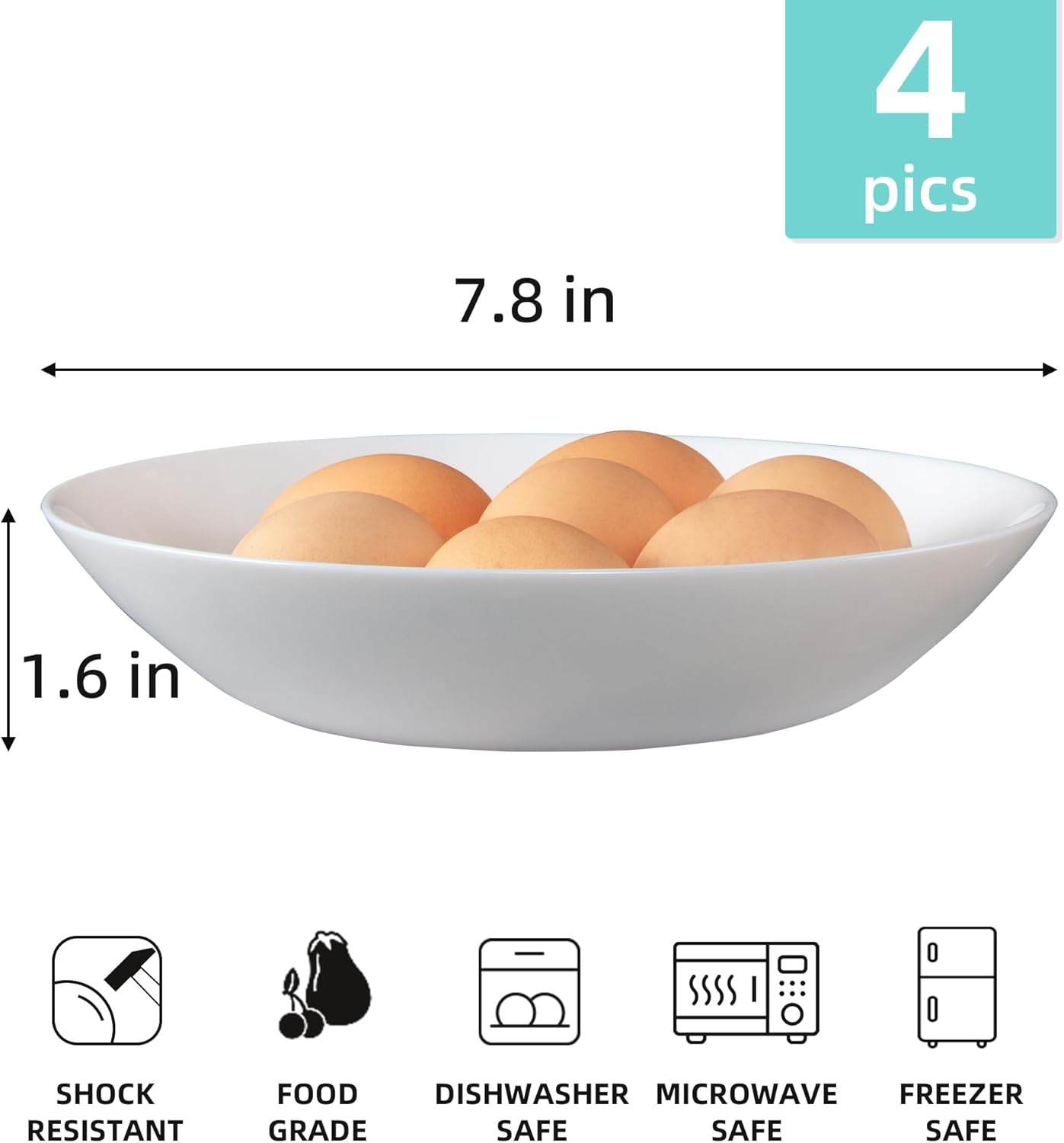 Set of 4 Tempered Glass Pasta and Salad Bowls, 7.8-Inch Round Serving Bowls, Microwave and Dishwasher Safe