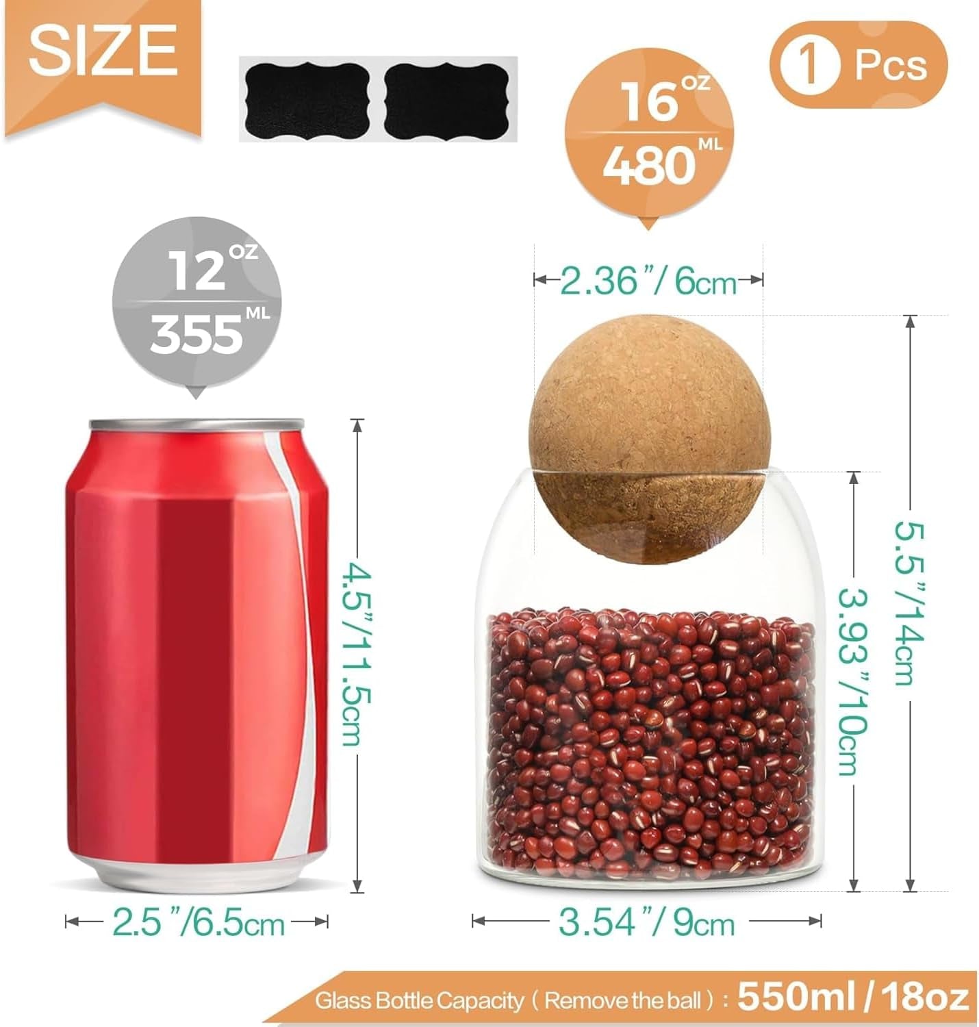 Glass Storage Container with Ball Cork, 16 Oz Small Glass Jar with Cork Lid, 1 Pack Candy Jar, Cute Decorative Jar for Tip, Change, Salt, Sugar, Cookies, Bathroom Cotton Swab Qtip Holder