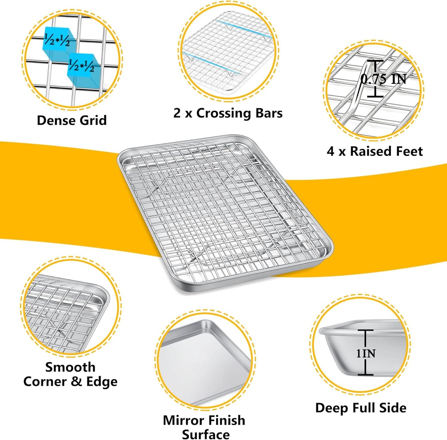 9 Inch Toaster Oven Pan with Rack Set, Stainless Steel Baking Pan Tray and Grid Cooling Rack for Cooking/Roasting, Dishwasher Safe & Easy to Clean, Non-Toxic & Sturdy, (2Pcs)