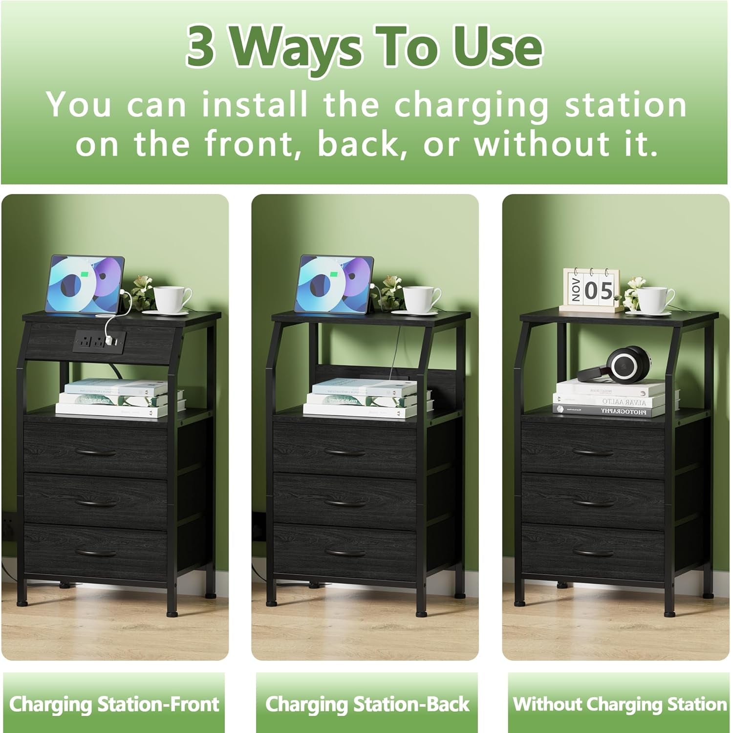 Black Oak Night Stand with Charging Station - 28.3 Inch Tall Side Table Featuring Fabric Drawers, Storage Shelf, USB Ports, and Outlets for Versatile Bedroom Use